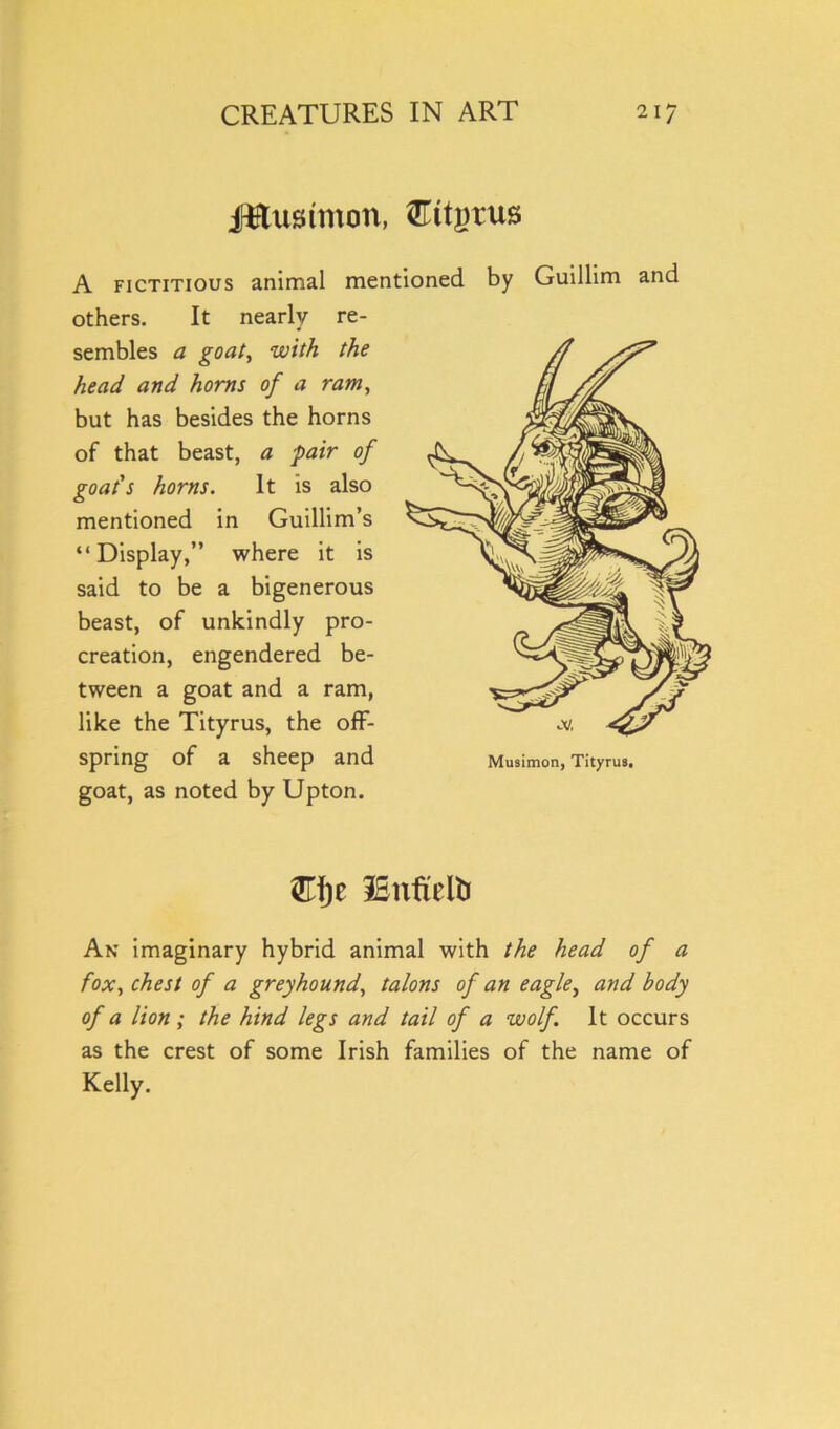 Jftustmon, ftttgtus A fictitious animal mentioned by Guillim and others. It nearly re- sembles a goat, with the head and horns of a ram, but has besides the horns of that beast, a pair of goat's horns. It is also mentioned in Guillim’s “Display,” where it is said to be a bigenerous beast, of unkindly pro- creation, engendered be- tween a goat and a ram, like the Tityrus, the off- spring of a sheep and goat, as noted by Upton. Musimon, Tityrus. ®f)e ISnfielti An imaginary hybrid animal with the head of a fox, chest of a greyhound, talons of an eagle, and body of a lion; the hind legs and tail of a wolf. It occurs as the crest of some Irish families of the name of Kelly.