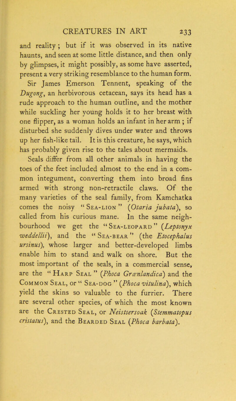 and reality ; but if it was observed in its native haunts, and seen at some little distance, and then only by glimpses, it might possibly, as some have asserted, present a very striking resemblance to the human form. Sir James Emerson Tennent, speaking of the Dug°ng, an herbivorous cetacean, says its head has a rude approach to the human outline, and the mother while suckling her young holds it to her breast with one flipper, as a woman holds an infant in her arm ; if disturbed she suddenly dives under water and throws up her fish-like tail. It is this creature, he says, which has probably given rise to the tales about mermaids. Seals differ from all other animals in having the toes of the feet included almost to the end in a com- mon integument, converting them into broad fins armed with strong non-retractile claws. Of the many varieties of the seal family, from Kamchatka comes the noisy “ Sea-lion ” (Otaria jubata), so called from his curious mane. In the same neigh- bourhood we get the “Sea-leopard” (Leptonyx moeddellii), and the “Sea-bear” (the Etocephalus ursinus), whose larger and better-developed limbs enable him to stand and walk on shore. But the most important of the seals, in a commercial sense, are the “Harp Seal ” (Phoca Grcenlandica) and the Common Seal, or “ Sea-dog ” (Phoca vitulind), which yield the skins so valuable to the furrier. There are several other species, of which the most known are the Crested Seal, or Neistsersoak (Stemmatopus cristatus), and the Bearded Seal (Phoca barbata).