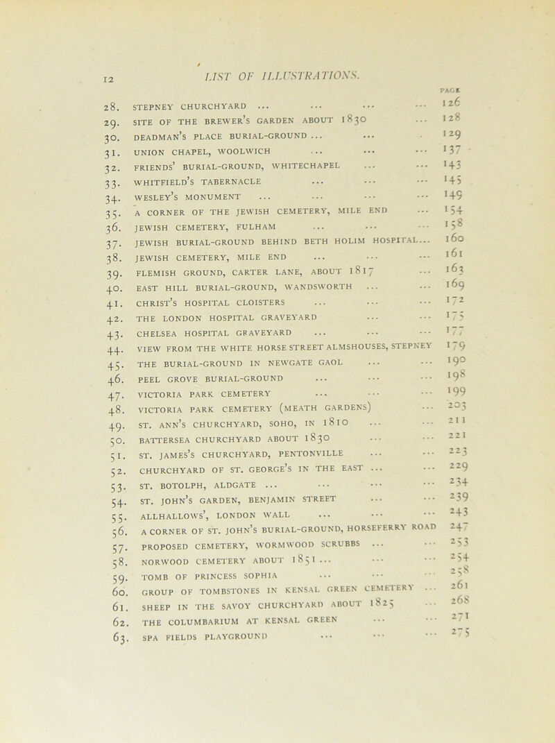 LIST OF 11.U’STNAT 1 OKS. 28. STEPNEY CHURCHYARD ... 29. SITE OF THE BREWER’S GARDEN ABOUT 183O 30. DEADMAN’s PLACE BURIAL-GROUND ... 31. UNION CHAPEL, WOOLWICH 32. friends’ BURIAL-GROUND, WHITECHAPEL 33. whitfield’s tabernacle 34. wesley’s monument 35. A CORNER OF THE JEWISH CEMETERY, MILE END 36. JEWISH CEMETERY, FULHAM 37. JEWISH BURIAL-GROUND BEHIND BETH HOL1M HOSPITAL... 38. JEWISH CEMETERY, MILE END 39. FLEMISH GROUND, CARTER LANE, ABOUT l8l 40. EAST HILL BURIAL-GROUND, WANDSWORTH 41. Christ’s hospital cloisters 42. THE LONDON HOSPITAL GRAVEYARD 43. CHELSEA HOSPITAL GRAVEYARD 44. VIEW FROM THE WHITE HORSE STREET ALMSHOUSES, STEPNEY 45. THE BURIAL-GROUND IN NEWGATE GAOL 46. PEEL GROVE BURIAL-GROUND 47. VICTORIA PARR CEMETERY 48. VICTORIA PARK CEMETERY (MEATH GARDENS) 49. st. ann’s churchyard, soho, in 1810 50. BATTERSEA CHURCHYARD ABOUT 183O 51. st. james’s churchyard, pentonville 52. CHURCHYARD OF ST. GEORGE’S IN THE EAST ... 53. ST. BOTOLPH, ALDGATE ... 54. st. John’s garden, benjamin street 55. allhallows’, LONDON WALL 56. A CORNER OF ST. John’s BURIAL-GROUND, HORSEFERRY ROAD 57. PROPOSED CEMETERY, WORMWOOD SCRUBBS 58. NORWOOD CEMETERY ABOUT 185I... 59. TOMB OF PRINCESS SOPHIA 60. GROUP OF TOMBSTONES IN KENSAL GREEN CEM ETERI 61. SHEEP IN THE SAVOY CHURCHYARD ABOUT l82j 62. THE COLUMBARIUM AT KENSAL GREEN 63. SPA FIELDS PLAYGROUND PAG l I 26 I 28 129 137 '43 '45 '49 '54 .58 160 161 163 169 172 '75 '77 '79 190 198 199 203 211 221 223 229 2 34 2 39 243 247 253 254 258 261 268 271 275