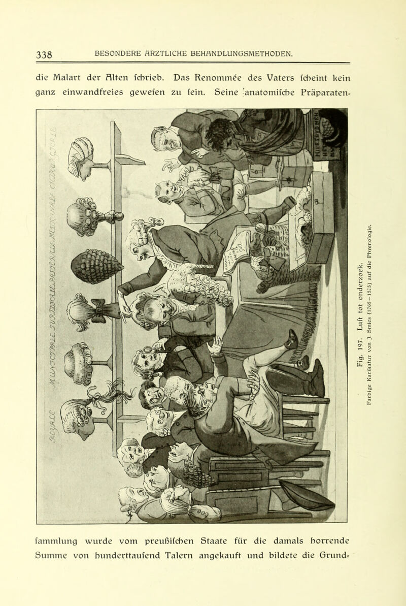 frcyALZ MLLA'JCyPßLc. JU3tä3&lM>&ASJtR 'CLe.Mll. : die Malart der Alten fchrieb. Das Renommee des Vaters fcbeint kein ganz einwandfreies gewefen zu fein. Seine -anatomifcbe Präparaten- fammlung wurde vom preußifcben Staate für die damals horrende Summe von hunderttaufend Talern angekauft und bildete die Grund* Fig. 197. Luft tot onderzoek. Farbige Karikatur von J. Smics (1765 — 13X5) auf die Phrenologie.