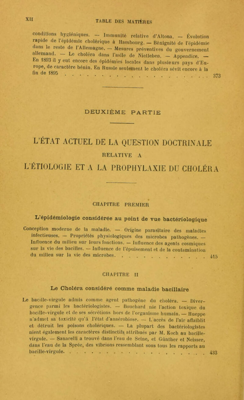 conditions hygiéniques. — Immunité relative d’Altona. — Évolution rapide de l’épidémie cholérique à Hambourg. — Bénignité de l’épidémie cans le reste de l’Allemagne. — Mesures préventives du gouvernement a lemand. Le choléra dans 1 asile de Nietleben. — Appendice. — En 1893 il y eut encore des épidémies locales dans plusieurs pays d'Eu- rope, de caiactère bénin. En Russie seulement le choléra sévit encore à la fin de 1895 DEUXIÈME PARTIE L’ÉTAT ACTUEL DE LA QUESTION DOCTRINALE RELATIVE A L’ÉTIOLOGIE ET A LA PROPHYLAXIE DU CHOLÉRA CHAPITRE PRE.MIER L’épidémiologie considérée au point de vue bactériologique Conception moderne de la maladie. — Origine parasitaire des maladies infectieuses. — Propriétés physiologiques des microbes pathogènes. — Induence du milieu sur leurs fonctions. — Influence des agents cosmiques sur la vie des bacilles. — Iniluence de l’épuisement et de la coutaminalion du milieu sur la vie des microbes. . CHAPITRE II Le Choléra considéré comme maladie bacillaire Le bacille-virgule admis comme agent pathogène du choléra. — Diver- gence parmi les bactériologisles. — Bouchard nie faction toxique du bacille-virgule et de ses sécrétions hors de l'organisme humain. Hueppe n’admet sa toxicité qu'à l’état d’anaérobiose. — L'accès de l’air aflaiblit et détruit les poisons cholériques. — La plupart des bactériologistes nient également les caractères distinctifs attribués par M. Koch au bacille- virgule. — Sanarelli a trouvé dans l’eau de Seine, et Günther et Neisser, dans l’eau de la Sprée, des vibrions ressemblant sous tous les rapports au bacille-virgule