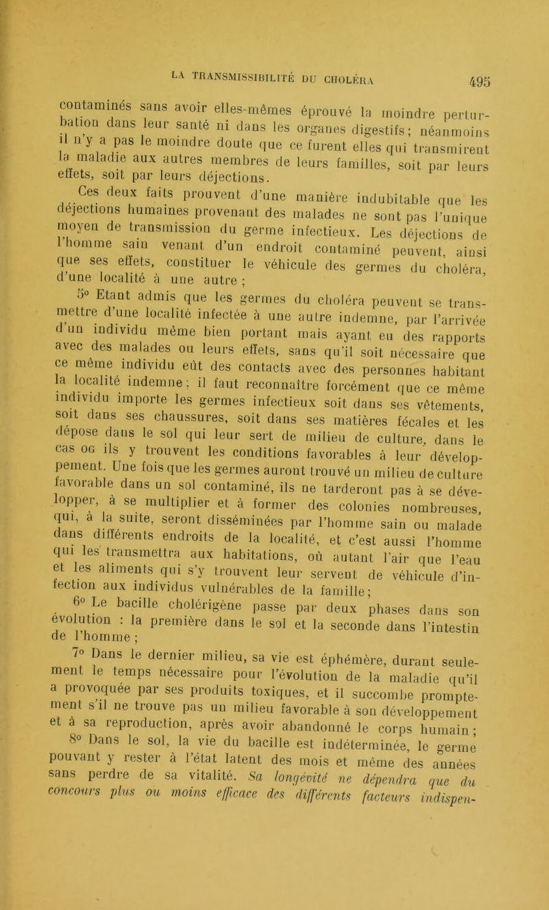 coütaminés sans avoir elles-mêmes éprouvé la moindre perlm- bdlioü dans leur santé ni dans les organes digestifs; néanmoins Il n y a (ws le moindre doute ijue ce furent elles qui transmirent la maladie aux autres membres de leurs familles, soit par leurs eliets, soit par leurs déjections. Ces deux faits prouvent d’une manière indubitable que les déjections humaines provenant des malades ne sont pas l’unique moyen de transmission du germe infectieux. Les déjections de homme .sam venant d’un endroit contaminé peuvent, ainsi que ses effets, constituer le véhicule des germes du choléra d une localité à une autre ; ’ 5° Etant admis que les germes du choléra peuvent se trans- mettre d une localité infectée à une autre indemne, par l’arrivée d un individu môme bien portant mais ayant eu des rapports avec des malades ou leurs effets, sans qu’il soit nécessaire que ce môme individu eiit des contacts avec des personnes habitant la localité indemne; il faut reconnaitre forcément (jue ce même individu importe les germes infectieux soit dans ses vêtements, soit dans ses chaussures, soit dans ses matières fécales et les déposé dans le sol qui leur sert de milieu de culture dans le cas OG ils y trouvent les conditions favorables à leur dévelop- pement. Une fois que les germes auront trouvé un milieu de culture avorable dans un sol contaminé, ils ne tarderont pas à se déve- opper, a se multiplier et à former des colonies nombreuses, (jui, a la suite, seront disséminées par l’homme sain ou malade dans differents endroits de la localité, et c’est aussi riioninie qui les transmettra aux habitations, où autant l’air que l’eau et les aliments qui s’y trouvent leur servent de véhicule d’in- fection aux individus vulnérables de la famille; 6» Le bacille cholérigèüe passe par deux phases dans son evo ulion : la première dans le sol et la seconde dans l’intestin de 1 homme ; 7° Dans le dernier milieu, sa vie est éphémère, durant seule- ment le temps nécessaire pour l’évolution de la maladie (lu’il a provoquée par ses produits toxiques, et il succombe prompte- ment s 11 ne trouve pas un milieu favorable à son développement et à sa reproduction, après avoir abandonné le corps humain ; 8° Dans le sol, la vie du bacille est indéterminée, le germe pouvant y rester à l’état latent des mois et même des années sans perdre de sa vitalité. lorujémté ne dépendra que du concours plus ou moins efficace des différents facteurs indispen-
