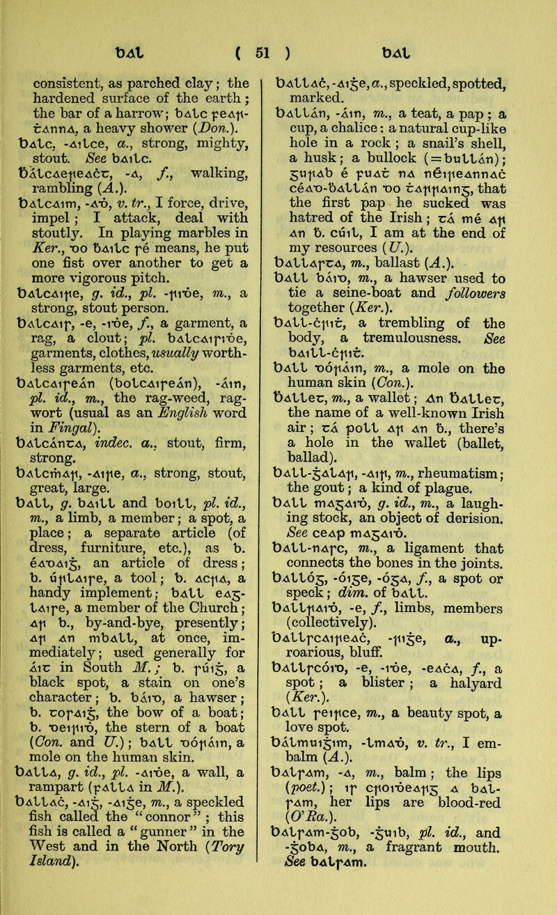 consistent, as parched clay; the hardened surfaee of the earth; the bar of a harrow; bAtc peAH- cArmA, a heavy shower {Don.). t)A'Lc, -Aitce, a., strong, mighty, stout. See bAitc. t)ÁtcAe|teAcc, -A, walhing, rambling {A.). t)AtcAim, -A-ó, V. tr., I force, drive, impel ; I attack, deal with stoutl}^ In playing marbles in Ker., *oo bAitc fé means, he put one fist over another to get a more vigorous pitch. t)AtcAipe, g. id., pl. -|ii-óe, m., a strong, stout person. t)AÍcAip, -e, -iT>e, /., a garment, a rag, a clout; pl. bAtcAifvoe, garments, clothes, U8ually worth- less garments, etc. t)AÍCAifeÁn (botcAifeÁn), -Áin, pl. id., m., the rag-weed, rag- wort (usual as an English word in Fingal). bAÍcÁncA, indec. a., stout, firm, strong. bAtcmAii, -Aife, a., strong, stout, great, large. t)AÍt, g. bAitt and boitt, pl. id., m., a limb, a member; a spot, a place; a separate article (of dress, furniture, etc.), as b. éAt)Ai5, an article of dress; b. úf tAif e, a tool; b. ACf a, a handy implement; bAtt eAj- tAif e, a member of the Church; Af b., by-and-bye, presently; Af An mbAtt, at onee, im- mediately; used generally for Á1C in South M.; b. fúis, a black spot, a stain on one’s character; b. bÁit), a hawser; b. cofAi§, the bow of a boat; b. ■oeifiT), the stern of a boat {Gon. and U.); bAtt ‘oó|iÁin, a mole on the human skin. l)AttA, g. id., pl. -Ai'oe, a wall, a rampart (pAttA in M.). l)AttAc, -A15, -Aije, m., a speckled fish called the “ connor ” ; this fish is called a “ gunner ” in the West and in the North {Tory Island). bAtt Ac, - Aije, a., speclded, spotted, marked. bAttÁn, -Áin, m., a teat, a pap ; a cup, a chalice; a natural cup-like hole in a rock ; a snail’s shell, a husk; a bullock ( = buttÁn); 5U|iAb é fUAc nA néifieAnnAc céAT)-bAttÁn t)o cAff Aing, that the first pap he sucked was hatred of the Irish; uÁ mé Af An b. cúit, I am at the end of my resources {U.). bAttAfCA, m., ballast (.4.). bAtt bÁi-o, m., a hawser used to tie a seine-boat and followers together {Ker.). bAtt-cfit, a trembling of the body, a tremulousness. See bAltt-Cf it. bAtt -oófÁin, m., a mole on the human skin {Con.). bAttec, m., a wallet; Ar) bAtteu, the name of a well-known Irish air; uÁ pott Af An b., there’s a hole in the wallet (ballet, ballad). bAtt-^AtAf, -Aif, m., rheumatism; the gout; a kind of plague. bAtt mA5Ai*ó, g. id., m., a laugh- ing stock, an object of derision. See ceAp mA5Ai*ó. bAtt-nAfc, m., a ligament that connects the bones in the joints. bAttó^, -óige, -Ó5A, /., a spot or speck; dim. of bAtt. bAttf Ai-ó, -e, /., limbs, members (collectively). bAttfcAifeAc, -fige, a., up- roarious, blufif. bAttfcóiT), -e, -1-óe, -eAcA, /., a spot; a blister ; a halyard {Ker.). bAtt feif ce, m., a beauty spot, a love spot. bÁtmuijim, -tmAÚ, v. tr., I em- balm {A.). bAtf Am, -A, m., balm; the lips {poet.); if cfOi-Ó6Af5 a bAt- fAm, her lips are blood-red {URa.). bAtfAm-5ob, -5111 b, pl. id., and -gobA, m., a fragrant mouth. See bAtf Am.