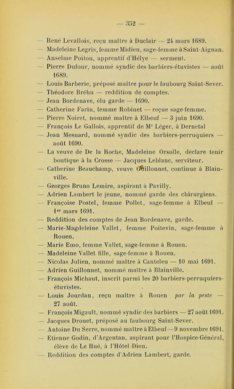 René Levallois, reçu maître à Duclair — 24 mars 1689. Madeleine Legris, femme Midieu, sage-femme à Saint-Aignan. — Anselme Poitou, apprenti!' d’Hélye — serment. Pierre Dufour, nommé syndic des barbiers-étuvistes — août 1689. — Louis Barberie, préposé maître pour le faubourg Saint-Sever. Théodore Bréhu — reddition de comptes. — Jean Bordenave, élu garde — 1690. Catherine Farin, femme Robinet — reçue sage-femme. — Pierre Noiret, nommé maître à Elbeuf — 3 juin 1690. François Le Gallois, apprentif de Me Léger, à Dernetal Jean Mesnard, nommé syndic des barbiers-perruquiers — août 1690. La veuve de De la Roche, Madeleine Orsolle, déclare tenir boutique à la Crosse — Jacques Leblanc, serviteur. — Catherine Beauchamp, veuve (îftillonnet, continue à Blain- ville. — Georges Bruno Lemire, aspirant à Pavilly. —- Adrien Lambert le jeune, nommé garde des chirurgiens. Françoise Postel, femme Pollet, sage-femme à Elbeuf — 1er mars 1691. — Reddition des comptes de Jean Bordenave, garde. Marie-Magdeleine Vallet, femme Poitevin, sage-femme à Rouen. — Marie Emo, femme Vallet, sage-femme à Rouen. — Madeleine Vallet fille, sage-femme à Rouen. Nicolas Julien, nommé maître à Canteleu — 10 mai 1691. — Adrien Guillonnet, nommé maître à Blainville. François Michaut, inscrit parmi les 20 barbiers-perruquiers- étuvistes. — Louis Jourdan, reçu maître à Rouen par la peste 27 août. François Migault, nommé syndic des barbiers —27 août 1691. — Jacques Drouet, préposé au faubourg Saint-Sever. Antoine Du Serre, nommé maître à Elbeuf—9 novembre 1691. Etienne Godin, d’Argentan, aspirant pour l’Hospice-Général, élève de Le Hué, à THôtel-Dieu. Reddition des comptes d’Adrien Lambert, garde.