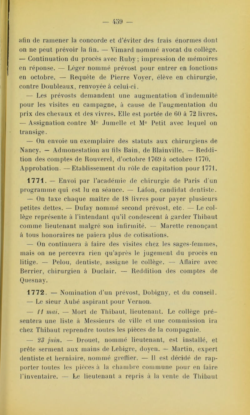 afin de ramener la concorde et d’éviter des frais énormes dont on ne peut prévoir la fin. — Vimard nommé avocat du collège. — Continuation du procès avec Ruby ; impression de mémoires en réponse. — Léger nommé prévost pour entrer en fonctions en octobre. — Requête de Pierre Voyer, élève en chirurgie, contre Doubleaux, renvoyée à celui-ci. — Les prévosts demandent une augmentation d'indemnité pour les visites en campagne, à cause de l’augmentation du prix des chevaux et des vivres. Elle est portée de 60 à 72 livres. — Assignation contre M° Jumelle et i\le Petit avec lequel on transige. — On envoie un exemplaire des statuts aux chirurgiens de Nancy. — Admonestation au (ils Bain, de Blainville. — Reddi- tion des comptes de Rouverel, d’octobre 1769 à octobre 1770. Approbation. —Etablissement du rôle de capitation pour 1771. 1771. - E nvoi par l’académie de chirurgie de Paris d'un programme qui est lu en séance. — Lafon, candidat dentiste. — On taxe chaque maître de 18 livres pour payer plusieurs petites dettes. — Dufay nommé second prévost, etc. — Le col- lège représente à l’intendant qu’il condescent à garder Thibaut comme lieutenant malgré son infirmité. — Marette renonçant à tous honoraires ne paiera plus de cotisations. — On continuera à faire des visites chez les sages-femmes, mais on ne percevra rien qu’après le jugement du procès en litige. — Pelou, dentiste, assigne le collège. — Alïaire avec Berrier, chirurgien à Duclair. — Reddition des comptes de Quesnay. 1772. — Nomination d’un prévost, Dobigny, et du conseil. — Le sieur Aubé aspirant pour Vernou. — H mai. — Mort de Thibaut, lieutenant. Le collège pré- sentera une liste à Messieurs de ville et une commission ira chez Thibaut reprendre toutes les pièces de la compagnie. — 25 juin. — Drouet, nommé lieutenant, est installé, et prête serment aux mains de Lebigre, doyen. — Martin, expert dentiste et herniaire, nommé greffier. — 11 est décidé de rap- porter toutes les pièces à la chambre commune pour en faire l’inventaire. — Le lieutenant a repris à la vente de Thibaut