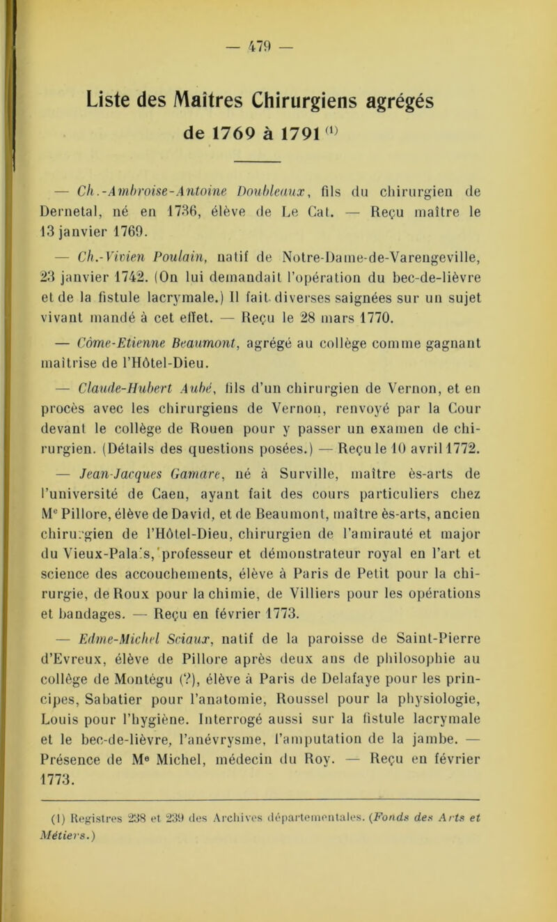 — 479 — Liste des Maîtres Chirurgiens agrégés de 1769 à 1791(1) — Ch .-Ambroise-Antoine Doubleaux, fils du chirurgien de Dernetal, né en 1736, élève de Le Cal. — Reçu maître le 13 janvier 1769. — Ch.-Vimen Poulain, natif de Notre-I)aine-de-Vareugeville, 23 janvier 1742. (On lui demandait l’opération du bec-de-lièvre et de la fistule lacrymale.) Il fait diverses saignées sur un sujet vivant mandé à cet effet. — Reçu le 28 mars 1770. — Come-Etienne Beaumont, agrégé au collège comme gagnant maîtrise de l’Hôtel-Dieu. — Claude-Hubert Aube, fils d’un chirurgien de Vernon, et en procès avec les chirurgiens de Vernon, renvoyé par la Cour devant le collège de Rouen pour y passer un examen de chi- rurgien. (Détails des questions posées.) — Reçu le 10 avril 1772. — Jean-Jacques Gamare, né à Surville, maître ès-arts de l’université de Caen, ayant fait des cours particuliers chez Mc Pillore, élève de David, et de Beaumont, maître ès-arts, ancien chiriK'gien de l’Hôtel-Dieu, chirurgien de l’amirauté et major du Vieux-Pala!s, professeur et démonstrateur royal en l’art et science des accouchements, élève à Paris de Petit pour la chi- rurgie, de Roux pour la chimie, de Villiers pour les opérations et bandages. — Reçu en février 1773. — Edme-Michel Sciaux, natif de la paroisse de Saint-Pierre d’Evreux, élève de Pillore après deux ans de philosophie au collège de Montégu (?), élève à Paris de Delafaye pour les prin- cipes, Sabatier pour l’anatomie, Roussel pour la physiologie, Louis pour l’hygiène. Interrogé aussi sur la fistule lacrymale et le bec-de-lièvre, l’anévrysme, l’amputation de la jambe. — Présence de Me Michel, médecin du Roy. — Reçu en février 1773. (1) Registres 238 et 239 des Archives départementales. (Fonds des Arts et Métiers.)