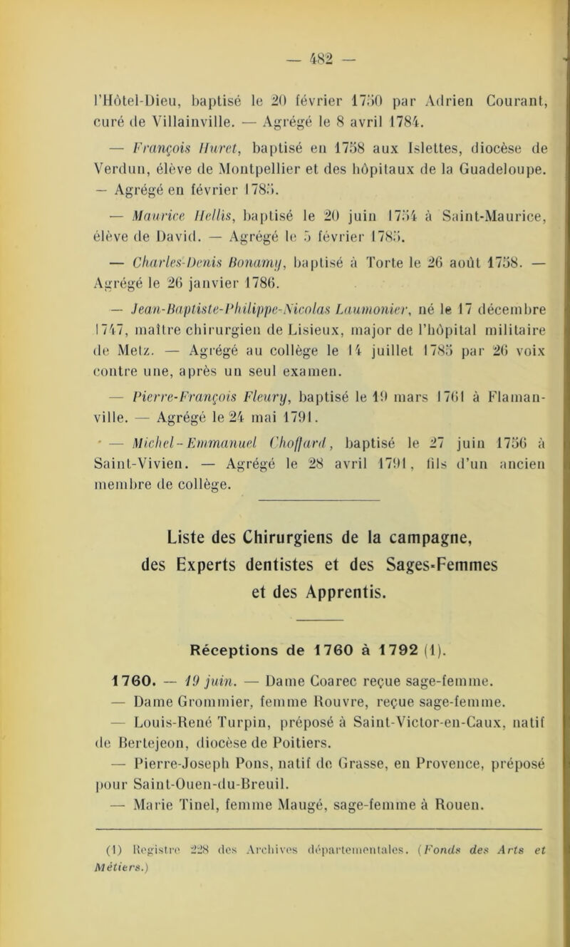 PHôtel-Dieu, baptisé le 20 février 1750 par Adrien Courant, curé de Villainville. — Agrégé le 8 avril 1784. — François Muret, baptisé en 1758 aux Islettes, diocèse de Verdun, élève de Montpellier et des hôpitaux de la Guadeloupe. — Agrégé en février 1785. — Maurice Mellis, baptisé le 20 juin 1754 à Saint-Maurice, élève de David. — Agrégé le 5 février 1785. — Charles-Denis Bonamy, baptisé à Torte le 26 août 1758. — Agrégé le 26 janvier 1786. — Jean-Baptiste-Philippe-Nicolas Laumonier, né le 17 décembre 1747, maître chirurgien de Lisieux, major de l’hôpital militaire de Metz. — Agrégé au collège le 14 juillet 1785 par 26 voix contre une, après un seul examen. Pierre-François Fleury, baptisé le 10 mars 1761 à Flaman- vi 1 le. — Agrégé le 24 mai 1791. * — Michel- Emmanuel Choffard, baptisé le 27 juin 1756 à Saint-Vivien. — Agrégé le 28 avril 1791, fils d’un ancien membre de collège. Liste des Chirurgiens de la campagne, des Experts dentistes et des Sages*Femmes et des Apprentis. Réceptions de 1760 à 1792 (1). 1760. — i9 juin. — Dame Coarec reçue sage-femme. — Dame Grommier, femme Rouvre, reçue sage-femme. Louis-René Turpiu, préposé à Saint-Victor-en-Caux, natif de Bertejeon, diocèse de Poitiers. — Pierre-Joseph Pons, natif de Grasse, en Provence, préposé pour Saint-Ouen-du-Breuil. — Marie Tinel, femme Maugé, sage-femme à Rouen. (I) Registre. 228 des Archives départementales. (Fonds des Arts et Métiers.)