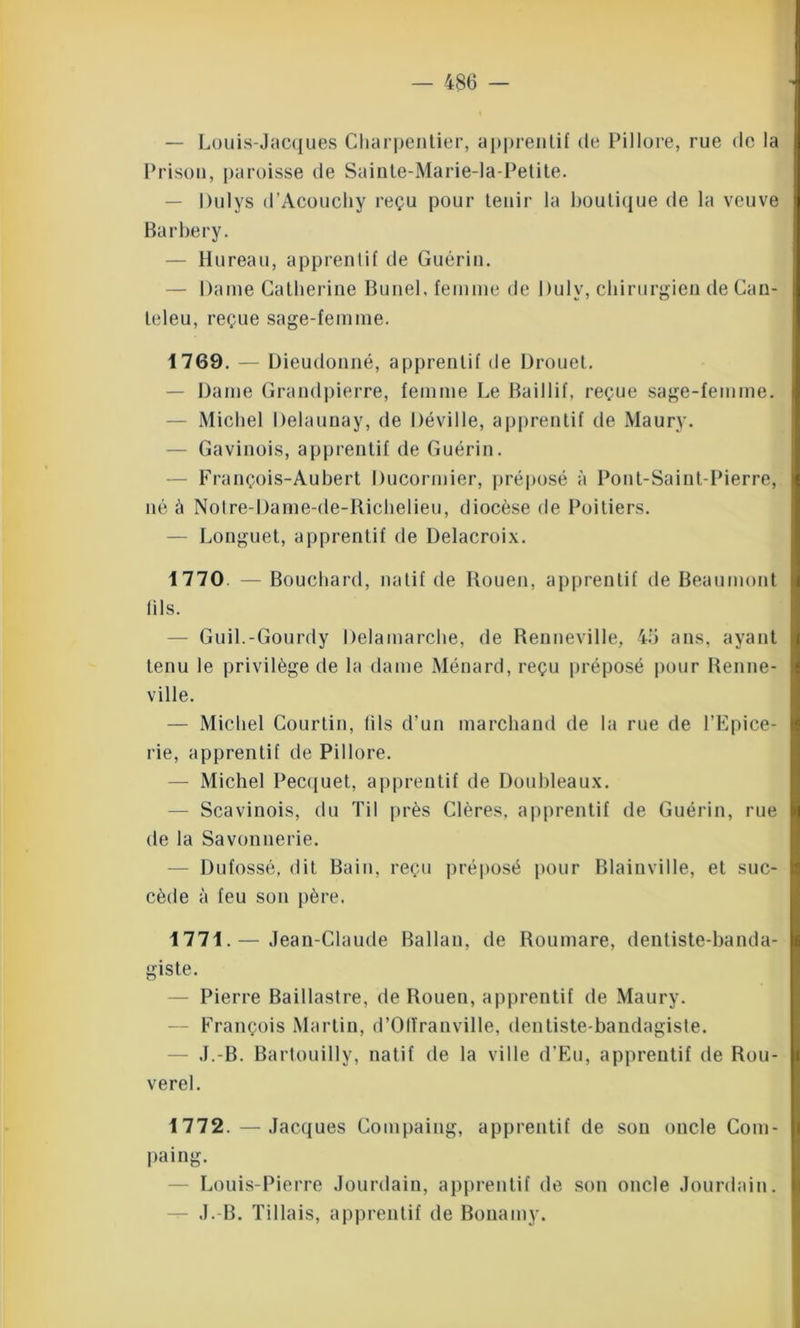 — Louis-Jacques Charpentier, apprentif de Pillore, rue de la Prison, paroisse de Sainte-Marie-la-Petite. — Dulys d’Acouchy reçu pour tenir la boutique de la veuve Barbery. — Bureau, apprentif de Guérin. — Daine Catherine Bunel, femme de Dulv, chirurgien de Can- teleu, reçue sage-femme. 1769. — Dieudonné, apprentif de Drouet. — Dame Grandpierre, femme Le Baillif, reçue sage-femme. Michel Delaunay, de Déville, apprentif de Maury. — Gavinois, apprentif de Guérin. François-Aubert Ducormier, préposé à Pont-Saint-Pierre, né à Notre-Dame-de-Richelieu, diocèse de Poitiers. — Longuet, apprentif de Delacroix. 1770 — Bouchard, natif de Rouen, apprentif de Beaumont fils. — Guil.-Gourdy Delamarche, de Renneville, 45 ans, ayant tenu le privilège de la dame Ménard, reçu préposé pour Benne- ville. — Michel Courtin, fils d’un marchand de la rue de l’Epice- rie, apprentif de Pillore. — Michel Pecquet, apprentif de Doubleaux. — Scavinois, du Til près Clères, apprentif de Guérin, rue de la Savonnerie. — Dufossé, dit Bain, reçu préposé pour BlainviIle, et suc- cède à feu son père. 1771. — Jean-Claude Ballan, de Roumare, dentiste-banda- giste. — Pierre Baillastre, de Rouen, apprentif de Maury. François Martin, d’Ofïranville, dentiste-bandagiste. J.-B. Bartouilly, natif de la ville d’Eu, apprentif de Rou- verel. 1772. —Jacques Compaing, apprentif de son oncle Com- paing. Louis-Pierre Jourdain, apprentif de son oncle Jourdain. — J.-B. Tillais, apprentif de Bonamy.