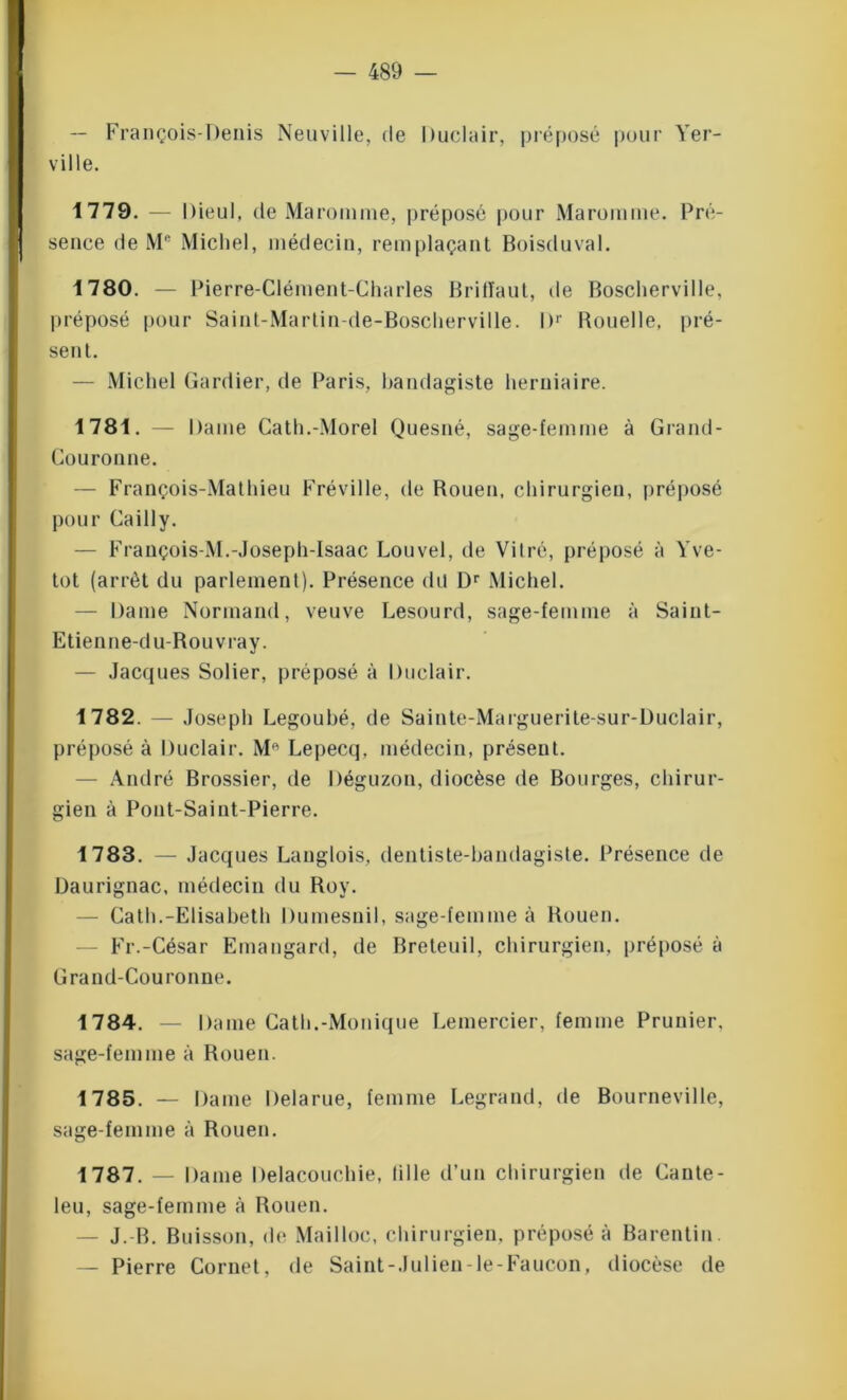 — François-Denis Neuville, de Duclair, préposé pour Yer- ville. 1779. — Dieul, de Ma rom me, préposé pour Maromme. Pré- sence de Mc Michel, médecin, remplaçant Boiscluval. 1780. — Pierre-Clément-Charles Brilïaut, de Boscherville, préposé pour Saint-Martin-de-Boscherville. I)1' Rouelle, pré- sent. — Michel Gardier, de Paris, bandagiste herniaire. 1781. — I lame Cath.-Morel Quesné, sage-femme à Grand- Couronne. — François-Mathieu Fréville, de Rouen, chirurgien, préposé pour Cailly. — François-M.-Joseph-Isaac Louvel, de Vitré, préposé à Yve- tot (arrêt du parlement). Présence du Dr Michel. — Dame Normand, veuve Lesourd, sage-femme à Saint- Etienne-du-Rouvray. — Jacques Solier, préposé à Duclair. 1782. — Joseph Legoubé, de Sainte-Marguerite-sur-Duclair, préposé à Duclair. M° Lepecq. médecin, présent. — André Brossier, de Déguzon, diocèse de Bourges, chirur- gien à Pont-Saint-Pierre. 1783. — Jacques Langlois, dentiste-bandagiste. Présence de Daurignac, médecin du Roy. — Cath.-Elisabeth Dumesuil, sage-femme à Rouen. Fr.-César Emangard, de Breteuil, chirurgien, préposé à Grand-Couronne. 1784. — Dame Cath.-Monique Lemercier, femme Prunier, sage-femme à Rouen. 1785. — Dame Delarue, femme Legrand, de Bourneville, sage-femme à Rouen. 1787. — Dame Delacouchie, Mlle d’un chirurgien de Caute- leu, sage-femme à Rouen. J. B. Buisson, de Maillon, chirurgien, préposé à Barentin — Pierre Cornet, de Saint-Julien-le-Faucon, diocèse de