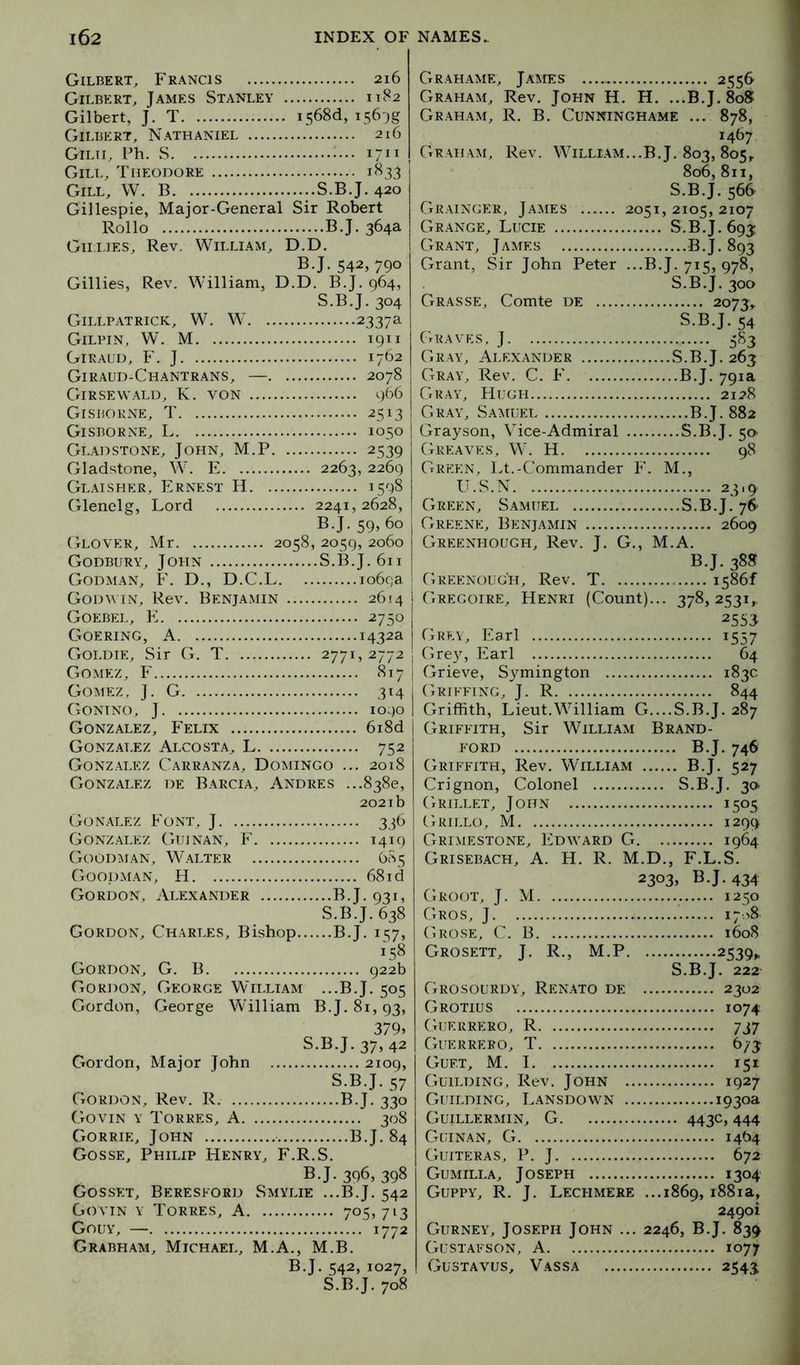 Gilbert, Francis 216 Gilbert, James Stanley 1182 Gilbert, J. T i568d, 156'jg Gilbert, Nathaniel 216 Gilti, Ph. S 1711 Gill, Theodore 1833 Gill, W. B S.B.J. 420 Gillespie, Major-General Sir Robert Rollo BJ. 364a Giilies, Rev, William, D.D. BJ. 542, 790 Gillies, Rev. William, D.D. B.J. 964, S.B.J. 304 Gillpatrick, W. W 2337a Gilpin, W. M 1911 Giraud, F. J 1762 Giraud-Chantrans, — 2078 Girsewald, K. von 966 GiSJiORNE, T 2513 Gisborne, 1 1050 Gladstone, John, M.P 2539 Gladstone, W. E 2263, 2269 Glaisher, Ernest H 1598 Glenelg, Lord 2241,2628, B.J. 59, 60 j Glover, Mr 2058, 2059, 2060 j Godbury, John S.B.J.611 1 Godman, F. D., D.C.L 1069a I Godwin, Rev. Benjamin 2614 j Goebel, E 2750 Goering, a 1432a Goldie, Sir G. T 2771,2772 ; Gomez, F 817 j Gomez, J. G 314 Gontno, j 1090 Gonzalez, Felix 6i8d Gonzalez Alcosta, L 752 Gonzalez Carranza, Domingo ... 2018 Gonzalez de Barcia, Andres ...838c, 2021b Gonalez Font, J 336 Gonzalez Gijjnan, F 1419 Goodman, Walter 6(85 Goodman, H 68id Gordon, Alexander B.J. 931, S.B.J. 638 Gordon, Charles, Bishop B.J. 157, 158 Gordon, G. B 922b Gordon, George Willi.am ...B.J. 505 Gordon, George William B.J. 81, 93, 379, S.B.J. 37, 42 Gordon, Major John 2109, S.B.J. 57 Gordon, Rev. R. B.J. 330 Govin y Torres, A 308 Gorrie, John B.J. 84 Gosse, Philip Henry, F.R.S. B.J. 396, 398 Gosset, Beresford Smylie ...B.J. 542 Govin y Torres, A 705,713 Gouy, — ^^772 Grabham, Michael, M.A., M.B. B.J. 542, 1027, S.B.J. 708 CtRahame, J.ames 2556 Graham, Rev. John H. H. ...B.J. 80S Graham, R. B. Cunninghame ... 878, 1467. Graham, Rev. Willi.\m...B.J. 803, 805^ 806, 811, S.B.J. 566 Grainger, Jaaies 2051, 2105, 2107 Grange, Lucie S.B.J. 693: Grant, James B.J. 893 Grant, Sir John Peter ...B.J. 715, 978, S.B.J. 300 Grasse, Comte de 2073,, S.B.J. 54 (tRAVES, j 5S3 Gray, Alex.ander S.B.J. 263 Gray, Rev. C. F B.J. 791a Gray, PIugh 2128 Gray, Saaiijei B.J. 882 Grayson, Vice-Admiral S.B.J. 5a Greaves, W. H 98 Gr?:en, Lt.-Commander P'. M., U.S.N 23.9 Green, Samuel S.B.J, 76 Greene, Benjamin 2609 Greenhough, Rev, J. G., M.A. B.J. 38S Greenough, Rev. T is86f Gregoire, Henri (Count)... 378,2531,. 2553 Grey, Parl 1557 Gre}^, Earl 64 Grieve, Symington 183c Griffing, j. R 844 Griffith, Lieut.William G S.B.J. 287 Griffith, Sir William Brand- ford B.J. 746 Griffith, Rev. William B.J. 527 Crignon, Colonel S.B.J. 30. Grillet, John 1505 Grillo, M 1299 Grimestone, ICdward G 1964 Grisebach, a. H. R. M.D., F.L.S. 2303, B.J. 434 Gkoot, j. M 1250 Gros, j i7'.,8 Grose, C. B 1608 Grosett, j. R., M.P 2539^ S.B.J. 222 Grosourdy, Renato de 2302 Grotius 1074 ('rUERRERO, R 737 Guerrero, T 6/3 Guf.t, M. 1 151 Guilding, Rev, John 1927 Guilding, Lansdown 1930a Guillermin, G 443c, 444 Guinan, G 1464 Gutteras, P. j 672 Gumilla, Joseph 1304 Guppy, R. J, Lechmere ...1869, i88ia, 2490! Gurney, Joseph John ... 2246, B.J. 839 Gustafson, A 1077 Gustavus, Vassa 2543