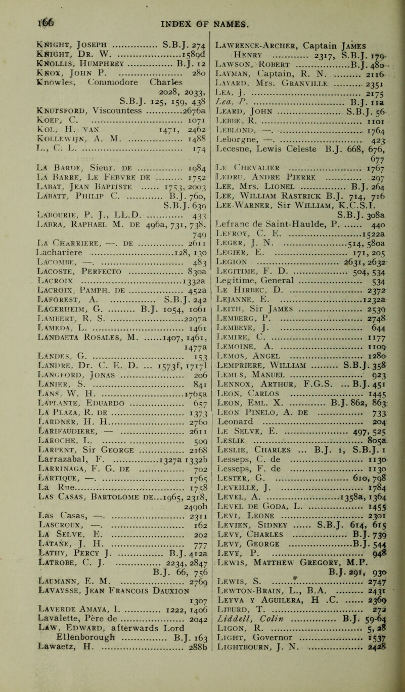 Knight, Joseph Knight, Dr. W Knollis, Humphrey Knov, John P Knowles, Commodore S.B.J Knutsforu, Viscountess Koep, C S.B.J. 274 1589^ B.J. T2 Charles 2028, 20^3, • 125, 159, 438 TO*7T Kol, H. van 1471, 2462 Kollewijn, a. M T488 L., C. L J *r J. La Barde, Sieur. de .. 1984 La Baure, I,e Febvre de 171^2 TvAbat, Jean Baptiste . 1753’ 2003 Labatt, Philip C B.J. 760, S.B.J. 639 Labourie, P. J., LL.D. 433 Labra, Raphael M. de 49fja, 73c 738, 749 I.A CHaRRIERE, —. DE .. 2611 Lachariere Lacomue, — 483 Lacoste, Perfecto 830a Lacroix 1332a Lacroix, Pamph. de 452a Laforest, a .... S.B.J. 242 Lagerheim, G B.J. 1054, 1061 I,ambert, R. S Lameda, L 1461 Landai:ta Rosales, M. M07’ 1461, 1477a Landes, G C53 Landre, Dr. C. PL D. ••• 1573C 1717I T.an(}ford, Jonas f.ANIER, S LANS, W. H 1765a T,aplante, Phiuardo 657 La Plaza, R. de C373 Lardner, H. H Larifaudiere, — Laroche, L 509 Larpent, Sir George .. Larrazabal, P 1327a 1332b Larrinaga, F. G. de .. Lartique, — • 1765 [.a Rue Las Casas, Bartoi.gme DE...1965, 2318, 2490b Las Casas, — Lascroux, — La Selve, P: Latane, j. H Lathy, Percy J Latrobe, C. j 2234,2847 Calm ANN, PL M B.J. 66, 756 2769 Lavaysse, Jean P'rancois Dauxion 1307 La VERDE Amaya, 1 Lavalette, Pere de Law, Edward, afterwards Lord Ellenborough B.J. 163 Lawaetz, H 288b Lawrence-Archer, Captain James Henry 2317, S.B.J. 179. Lawson, Robert B.J. 480- Layman, Captain, R. N. 2116 LAVAKn, Mrs. Granville 23qi Lea, j 2175 Lea, P B.J. iia Leard, John S.B.J. 56 Lembe,. R iioi T.EIiLONO, — 1764 l.eborgne, — 423 Lecesne, Lewis Celeste B.J. 668, 676, 677 Le Chevalier 1767 Ledrf, Andre Pierre 297 Lee, Mrs. Lionel B.J. 264 Lee, William Rastrick B.J. 714, 716 Lee Warner, Sir William, K.C.S.I. S.B.J. 308a Lefranc de Saint-PIaulde, P 440 leeroy, c. p: 1522a Leger, j. N 5M» 580a I,E(HER, P3 17G205 Legion 2631,2632 Legitime, F. D. ... 504,534 Legitime, General .. 534 Le Hirbec, D 2372 Lejanne, E 1232a Leith, Sir James .. 2539 J.EMBERG, P 2748 J,embeye, j 644 T.eahre TT7*7 Lemoine, a Lemos, Angel — Lempriere, William S.B.J. 358 I.EMis, Manuel 923 Lennox, Arthur, F.G.S. ...B.J. 451 I,EON, Carlos 1445 Leon, P3ml. X B.J. 862, 863 Leon Pinelo, A. de 733 Leonard Le Selve, 1^ Leslie 805a Leslie, Charles .. . B.J. I, S.B.J. I Lesseps, C. de .... 1130 Lesseps, F. de .... 1130 Lester, G Leveille, j. 1784 Level, A 1358a,1364 Level de Goda, L. 1455 Levi, Leone 2301 Levien, Sidney ... ... S.B.J. 614, 615 Levy, Charles .... B.J. 739 Levy, George B.J. 544 Levy, P Lewis, Matthew- Gregory, M.P. B.J. 291, 930 Lewis, S f.. 2747 Lewton-Brain, L., B.A 2431 Leyva y Aguilera, H .C 2369 Liburd, T Liddell, Colin B.J. 59-64 Ligon, R 5,3? Light, Governor . *537 Lightbourn, j. N.