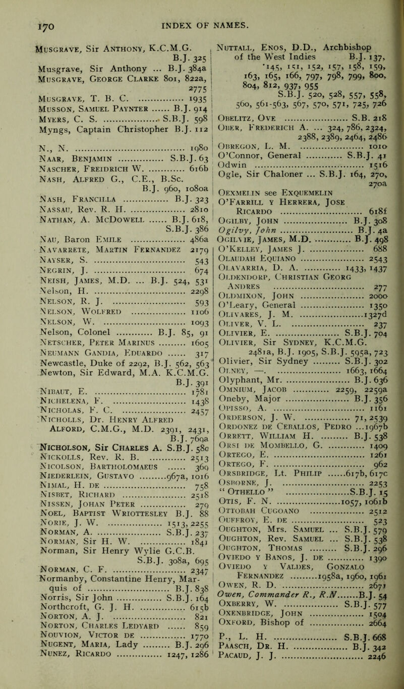 Musgrave, Sir Anthony, K.C.M.G. B.J.325 Musgrave, Sir Anthony ... B.J. 384a Musgrave, George Clarke 801, 822a, 2775 Musgrave, T. B. C 1935 Musson, Samuel Paynter B.J. 914 j Myers, C. S S.B.J. 598 j Myngs, Captain Christopher B.J. 112 ' N., N 1980 j Naar, Benjamin S.B.J. 631 Nascher, Freidrich W 6i6b j Nash, Alfred G., C.E., B.Sc. | B.J. 960, 1080a j Nash, Francilla B.J. 323 Nassau, Rev. R. II 2810 j Nath.an, a. McDoweli B.J. 618, I S.B.J. 386 Nau, Baron Emile 486a Navarrete, Martin Fernandez 2179 Nayser, S 543 Negrin, j 674 Neish, James, M.D. ... B.J. 524, 531 Nelson, H 2298 Nelson, R. J 593 N?:lson, Wolf red 1106 Nelson, W 1093 Nelson, Colonel B.J. 85, 91 Netscher, Peter Marines 1605 Neumann Gandia, Eduardo 317 Newcastle, Duke of 2292, B.J. 562, 563 Newton, Sir Edward, M.A. K.C.M.G. B.J. 391 Nibaut, E 1781 Nichelena, F 1438 Nicholas, F. C 2457 ;'Ntcholls, Dr. Henry Alfred Alford, C.M.G., M.D. 2391, 2431, B.J. 769a Nicholson, Sir Charles A. S.B.J. 580 Nickolls, Rev. R. B 2513 Nicolson, Bartholomaeus 360 Niederlein, Gustavo 967a, 1016 Nimal, H. de 758 Nisbet, Richard 2518 Nissen, Johan Peter 279 Noel, Baptist Wriottesley B.J. 88 Norie, j. W 1513,2255 Norman, A S.B.J. 237 Norman, Sir H. W 1841 i Norman, Sir Henry Wylie G.C.B. ■ S.B.J. 308a, 695 Norman, C. F 2347 Normanby, Constantine Henry, Mar- j quis of B.J. 838 Norris, Sir John S.B.J. 164 Northcroft, G. J. H 615b Norton, A. J 821 j Norton, Charles Ledyard 859 j Nouvion, Victor de 1770 ' Nugent, Maria, Lady B.J. 296 ' Nunez, Ricardo 1247, *286 ' Nuttall, Enos, D.D., Archbishop of the West Indies B.J. 137, '145, lu, 152, 157, 158, 159, 163, 165, 166, 797, 798, 799, 800, 804, 812, 937, 955 S.B.J. 520, 528, 557, 558, 560, 561-563, 567, 570, 571, 725, 726 Obelitz, Ove S.B. 218 Ober, Frederick A. ... 324,786,2324, 2388, 2389, 2464, 2486 Obregon, L. M 1010 O’Connor, General S.B.J. 41 Odwin 1516 Ogle, Sir Chaloner ... S.B.J. 164, 270, 270a Oexmelin see Exquemelin O’Farrill y Herrera, Jose Ricardo 6i8f Ogilby, John B.J. 308 Ogilvy, John B.J. 4a Ogilme, James, M.D B.J. 498 O’Kelley, James J 1 688 Olaudah Eqltano 2543 Olavarria, D. a i433j ^437 Oldendorp, Cfiristian Georg Andres 277 Oldmixon, John 2000 O’Leary, General ^35® Olivares, J. M i327d Oliver, V. L 237 Olivier, E S.B.J. 704 Olivier, Sir Sydney, K.C.M.G. 2481a, B.J. 1905, S.B.J. 595a, 723 Olivier, Sir Sydney S.B.J. 302 Olney, — 1663, 1664 Olyphant, Mr B.J. 636 Omnium, Jacob 2259, 2259a Oneb}^, Major B.J. 356 Opisso, a 1161 Orderson, j. W 71,2539 Ordonez de Ceballos, Pedro ...1967b Or RETT, William H B.J. 538 Orsi de Mombkllo, G 1409 Ortego, E 1261 Ortego, F 962 Orsbridge, Lt. Philip 617b, 617c Osborne, J 2253 “ Othello ” S.B.J. 15 Otis, F. N 1057, io6ib Ottobah Cugoano 2512 Ouffroy, E. de 523 OuGHTON, Mrs. Samuel ... S.B.J. 579 Oughton, Rev. Samuel ... S.B.J. 538 OiJGHTON, Thomas S.B.J. 296 Oviedo y Banos, J. de 1390 Oviedo y Valdes, Gonzalo Fernandez 1958a, i960, 1961 Owen, R. D 2671 Owen, Commander R., R.N B.J. 54 Oxberry, W S.B.J. 577 Oxenbridge, John 1504 Oxford, Bishop of 2664 P., L. H S.B.J. 668 Paasch, Dr. H B.J. 342 Pacaud, j. j 2246