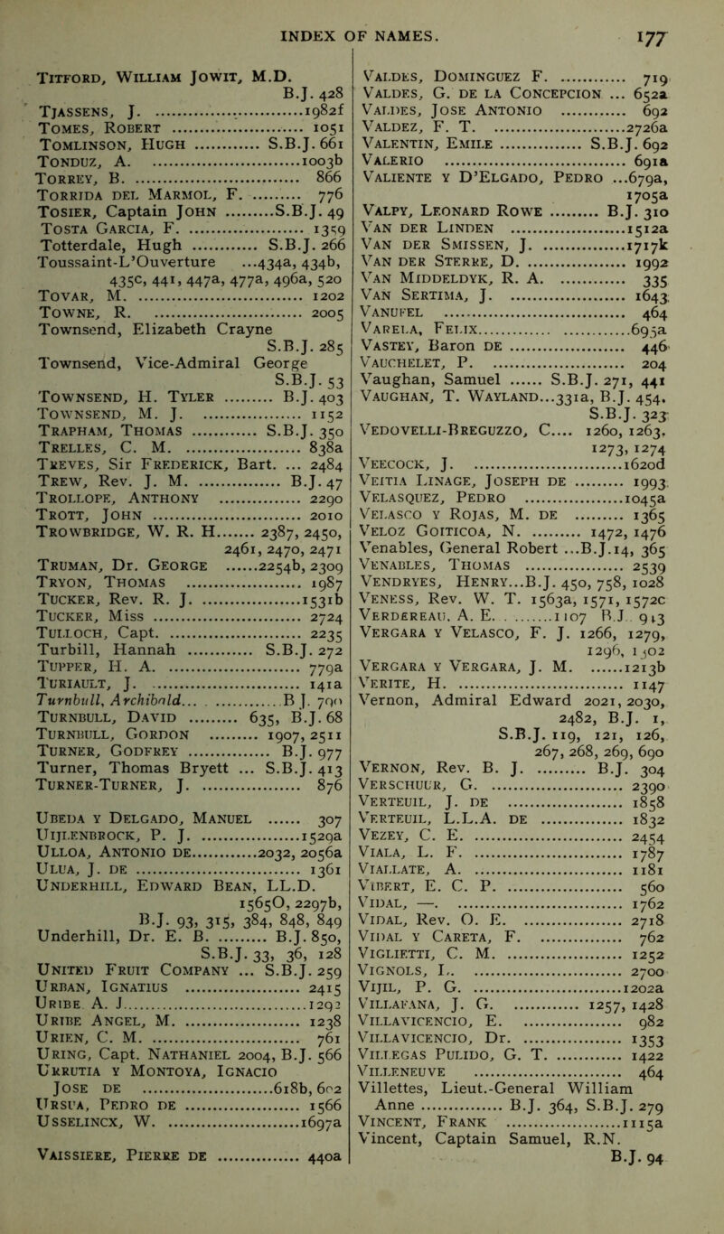 m Titford, William Jo wit, M.D. B.J. 428 Tjassens, J igSaf Tomes, Robert 1051 Tomlinson, Hugh S.B.J.66i Tonduz, a 1003b Torrey, B 866 Torrida del Marmol, F 776 Tosier, Captain John S.B.J. 49 Tosta Garcia, F 13^9 Totterdale, Hugh S.B.J. 266 Toussaint-L’Ouverture ...434a, 434b, 435c, 44G 447a, 477a, 496a, 520 Tovar, M 1202 Towne, R 2005 Townsend, Elizabeth Crayne S.B.J. 285 Townsend, Vice-Admiral George S.B.J. 53 Townsend, H. Tyler B.J. 403 Townsend, M. J 1152 Traph.am, Thomas S.B.J. 350 Trelles, C. M 838a Treves, Sir Frederick, Bart. ... 2484 Trew, Rev. J. M B.J. 47 Trollope, Anthony 2290 Trott, John 2010 Trowbridge, W. R. H 2387, 2450, 2461, 2470, 2471 Truman, Dr. George 2254b, 2309 Tryon, Thomas 1987 Tucker, Rev. R. J 1531b Tucker, Miss 2724 Tui.I-OCh, Capt 2235 Turbin, Hannah S.B.J. 272 Tupper, H. a 779a Turiault, j 141a Turnbull, Archibald B J. 790 Turnbull, David 635, B.J. 68 Turnbull, Gordon 1907,2511 Turner, Godfrey B.J. 977 Turner, Thomas Bryett ... S.B.J. 413 Turner-Turner, J 876 Ubeda y Delgado, Manuel 307 Uiji.ENBRocK, P. J 1529a Ulloa, Antonio de 2032, 2056a Ulua, j. de 1361 Underhill, Edward Bean, LL.D. 1565O, 2297b, BJ. 93, 3n5» 384, 848, 849 Underhill, Dr. E. B B.J. 850, S-B.J. 33, 36, 128 United Fruit Company ... S.B.J. 259 Urban, Ignatius 2415 Uribe A. J 1292 Uribe Angel, M 1238 Urien, C. M 761 Uring, Capt. Nathaniel 2004, B.J. 566 Urrutia y Montoya, Ignacio Jose de 6i8b, 602 Ursua, Pedro de 1566 UssELiNCX, W 1697a Valdes, Dominguez F 719. Valdes, G. de la Concepcion ... 652a Valdes, Jose Antonio 692 Valdez, F. T 2726a Valentin, Emile S.B.J. 692 V’^alerio 691a Valiente y D’Elgado, Pedro ...679a, 1705a Valpy, Leonard Rowe B.J. 310 Van der Linden 1512a Van der Smissen, J *7*7^ Van der Sterke, D 1992 Van Middeldyk, R. A 335 Van Sertima, J 1643, Vanufel 464 Varela, Fet.ix 693a Vastey, Baron de 446 Vauchelet, P 204 Vaughan, Samuel S.B.J. 271, 441 Vaughan, T. WAYLAND...33ia, B.J. 454, S.B.J. 323 Vedovelli-Breguzzo, C.... 1260, 1263, 1273,1274 Veecock, j i62od Veitia Linage, Joseph de 1993, Velasquez, Pedro 1045a Velasco y Rojas, M. de 1365 Veloz Goitico.a, N 1472, 1476 Venables, (General Robert ...B.J.14, 365 Venables, Thomas 2539 Vendryes, Henry...B.J. 450, 758, 1028 Veness, Rev. W. T. 1563a, 1571, 1572c Verdereau. A. E. 1107 B.J.. 9^3 Vergara y Velasco, F. J. 1266, 1279, 1296, I 502 Vergara y Vergara, J. M 1213b Verite, H 1147 Vernon, Admiral Edward 2021, 2030, 2482, B.J. I. S.B.J. 119, 121, 126, 267, 268, 269, 690 Vernon, Rev. B. J B.J. 304 Verschuur, G 2390 Verteuil, j. de 1858 Verteuil, L.L.A. de 1832 Vezey, C. E 2454 ViALA, L. F 1787 VlALLATE, A I181 VlBERT, E. C. P 560 Vidal, — 1762 V^iDAL, Rev. O. E 2718 Vidal y Careta, F 762 ViGLiETTi, C. M 1252 Vignols, 1 2700 VijiL, P. G 1202a VTllafana, j. G 1257, 1428 Villavicencio, E 982 VillaviCENCio, Dr 1353 Villegas Pulido, G. T 1422 ViLLENEUVE 464 Villettes, Lieut.-General William Anne B.J. 364, S.B.J. 279 Vincent, Frank 1115a Vincent, Captain Samuel, R.N. B.J. 94 Vaissiere, Pierre de 440a