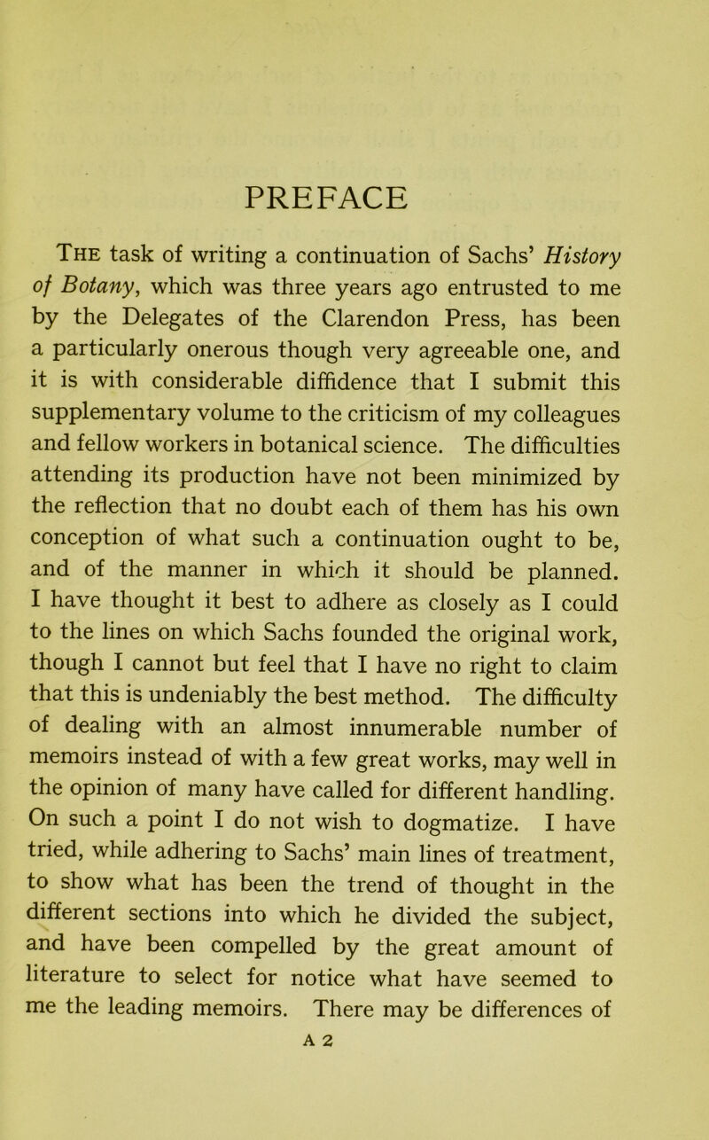 PREFACE The task of writing a continuation of Sachs’ History of Botany, which was three years ago entrusted to me by the Delegates of the Clarendon Press, has been a particularly onerous though very agreeable one, and it is with considerable diffidence that I submit this supplementary volume to the criticism of my colleagues and fellow workers in botanical science. The difficulties attending its production have not been minimized by the reflection that no doubt each of them has his own conception of what such a continuation ought to be, and of the manner in which it should be planned. I have thought it best to adhere as closely as I could to the lines on which Sachs founded the original work, though I cannot but feel that I have no right to claim that this is undeniably the best method. The difficulty of dealing with an almost innumerable number of memoirs instead of with a few great works, may well in the opinion of many have called for different handling. On such a point I do not wish to dogmatize. I have tried, while adhering to Sachs’ main lines of treatment, to show what has been the trend of thought in the different sections into which he divided the subject, and have been compelled by the great amount of literature to select for notice what have seemed to me the leading memoirs. There may be differences of