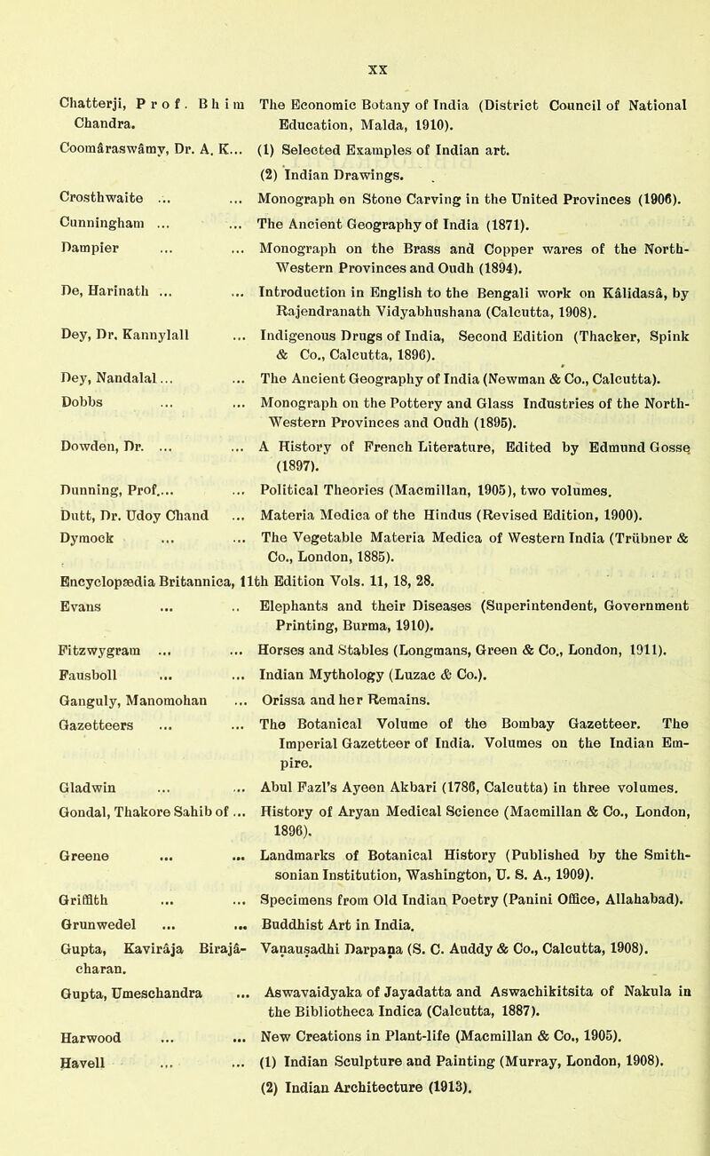 Chatterji, Prof. B h i m Chandra. Coomaraswamv, Dr. A. K... Crosthwaite ... Cunningham ... Dampier De, Harinath ... Dey, Dr. Kannylall Dey, Nandalal... Dobbs Dowden, Dr. ... The Economic Botany of India (District Council of National Education, Malda, 1910). (1) Selected Examples of Indian art. (2) Indian Drawings. Monograph on Stone Carving in the United Provinces (1906). The Ancient Geography of India (1871). Monograph on the Brass and Copper wares of the North- Western Provinces and Oudh (1894). Introduction in English to the Bengali work on Kalidasa, by Rajendranath Vidyabliushana (Calcutta, 1908). Indigenous Drugs of India, Second Edition (Thacker, Spink & Co., Calcutta, 1890). The Ancient Geography of India (Newman & Co., Calcutta). Monograph on the Pottery and Glass Industries of the North- Western Provinces and Oudh (1896). A History of French Literature, Edited by Edmund Gosse (1897). Dunning, Prof.... Dutt, Dr. Udoy Cliand Dymock Encyclopsedia Britannica, Evans Fitzwygram ... Fausboll Ganguly, Manomohan Gazetteers Gladwin Gondal, Thakore Sahib of . .. Political Theories (Macmillan, 1905), two volumes. ,. Materia Medica of the Hindus (Revised Edition, 1900). .. The Vegetable Materia Medica of Western India (Triibner & Co., London, 1885). 11th Edition Vols. 11, 18, 28. Elephants and their Diseases (Superintendent, Government Printing, Burma, 1910). . Horses and Stables (Longmans, Green & Co., London, 1911). ,. Indian Mythology (Luzac & Co.). .. Orissa and her Remains. ,. The Botanical Volume of the Bombay Gazetteer. The Imperial Gazetteer of India. Volumes on the Indian Em- pire. .. Abul Fazl’s Ayeen Akbari (1786, Calcutta) in three volumes. .. History of Aryan Medical Science (Macmillan & Co., London, 1896). Greene Griffith Grunwedel Gupta, Kaviraja Biraj a- charan. Gupta, Umeschandra Harwood Ha veil Landmarks of Botanical History (Published by the Smith- sonian Institution, Washington, U. S. A., 1909). Specimens from Old Indian Poetry (Panini Office, Allahabad). Buddhist Art in India. Vanausadhi Darpana (S. C. Auddy & Co., Calcutta, 1908). Aswavaidyaka of Jayadatta and Aswachikitsita of Nakula in the Bibliotheca Indica (Calcutta, 1887). New Creations in Plant-life (Macmillan & Co., 1905). (1) Indian Sculpture and Painting (Murray, London, 1908). (2) Indian Architecture (1913).