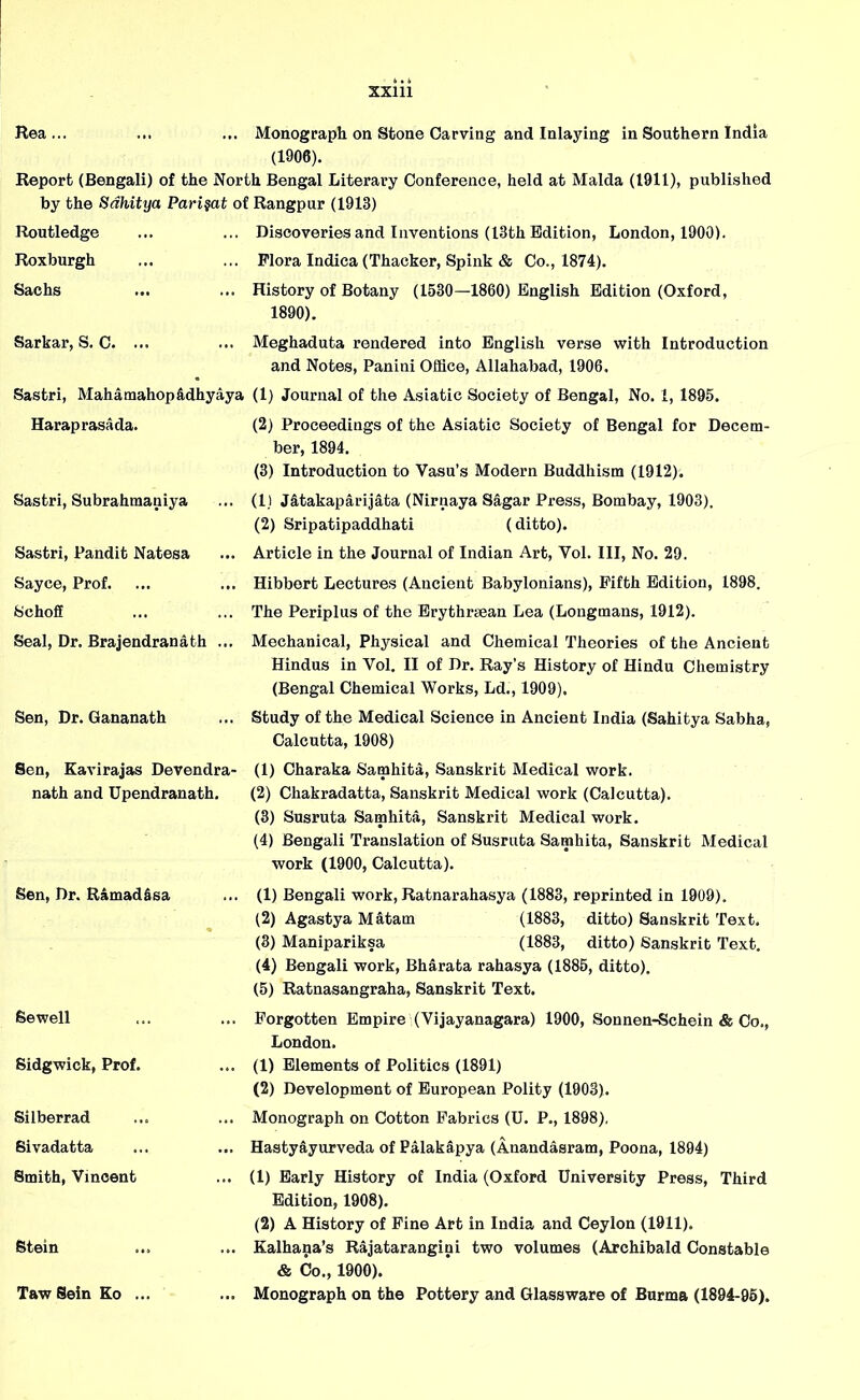 Rea... ... ... Monograph on Stone Carving and Inlaying in Southern India (1906). Report (Bengali) of the North Bengal Literary Conference, held at Malda (1911), published by the Sdhitya Pari$at of Rangpur (1913) Routledge ... ... Discoveries and Inventions (13th Edition, London, 1900). Roxburgh Sachs Flora Indica (Thacker, Spink & Co., 1874). History of Botany (1530—1860) English Edition (Oxford, 1890). Sarkar, S. C. ... Meghaduta rendered into English verse with Introduction and Notes, Panini Office, Allahabad, 1906. Sastri, Mahamahop&dhyaya (1) Journal of the Asiatic Society of Bengal, No. 1, 1895. Haraprasada. (2) Proceedings of the Asiatic Society of Bengal for Decern- Sastri, Subrahmaniya ber, 1894. (3) Introduction to Vasu’s Modern Buddhism (1912). (1) Jatakaparijata (Nirnaya Sagar Press, Bombay, 1903). (2) Sripatipaddhati (ditto). Sastri, Pandit Natesa Article in the Journal of Indian Art, Vol. Ill, No. 29. Sayce, Prof. Schofi Hibbert Lectures (Ancient Babylonians), Fifth Edition, 1898. The Periplus of the Erythraean Lea (Longmans, 1912). Seal, Dr. Brajendranath ... Mechanical, Physical and Chemical Theories of the Ancient Hindus in Vol. II of Dr. Ray’s History of Hindu Chemistry (Bengal Chemical Works, Ld., 1909). Sen, Dr. Gananath Study of the Medical Science in Ancient India (Sahitya Sabha, Calcutta, 1908) Sen, Kavirajas Devendra- nath and Upendranath. (1) Charaka Samhita, Sanskrit Medical work. (2) Chakradatta, Sanskrit Medical work (Calcutta). (3) Susruta Samhita, Sanskrit Medical work. (4) Bengali Translation of Susruta Samhita, Sanskrit Medical work (1900, Calcutta). Sen, Dr. RamadSsa (1) Bengali work, Ratnarahasya (1883, reprinted in 1909). (2) Agastya Matam (1883, ditto) Sanskrit Text. (3) Manipariksa (1883, ditto) Sanskrit Text. (4) Bengali work, Bharata rahasya (1885, ditto). (5) Ratnasangraha, Sanskrit Text. Sewell Forgotten Empire (Vijayanagara) 1900, Sonnen-Schein & Co., London. Sidgwick, Prof. (1) Elements of Politics (1891) (2) Development of European Polity (1903). Silberrad Monograph on Cotton Fabrics (U. P., 1898). Sivadatta Hastyayurveda of Palakapya (Anandasram, Poona, 1894) Smith, Vincent (1) Early History of India (Oxford University Press, Third Edition, 1908). (2) A History of Fine Art in India and Ceylon (1911). Stein Kalhapa’s Rajatarangini two volumes (Archibald Constable & Co., 1900). Taw Sein Ko ... Monograph on the Pottery and Glassware of Burma (1894-95).