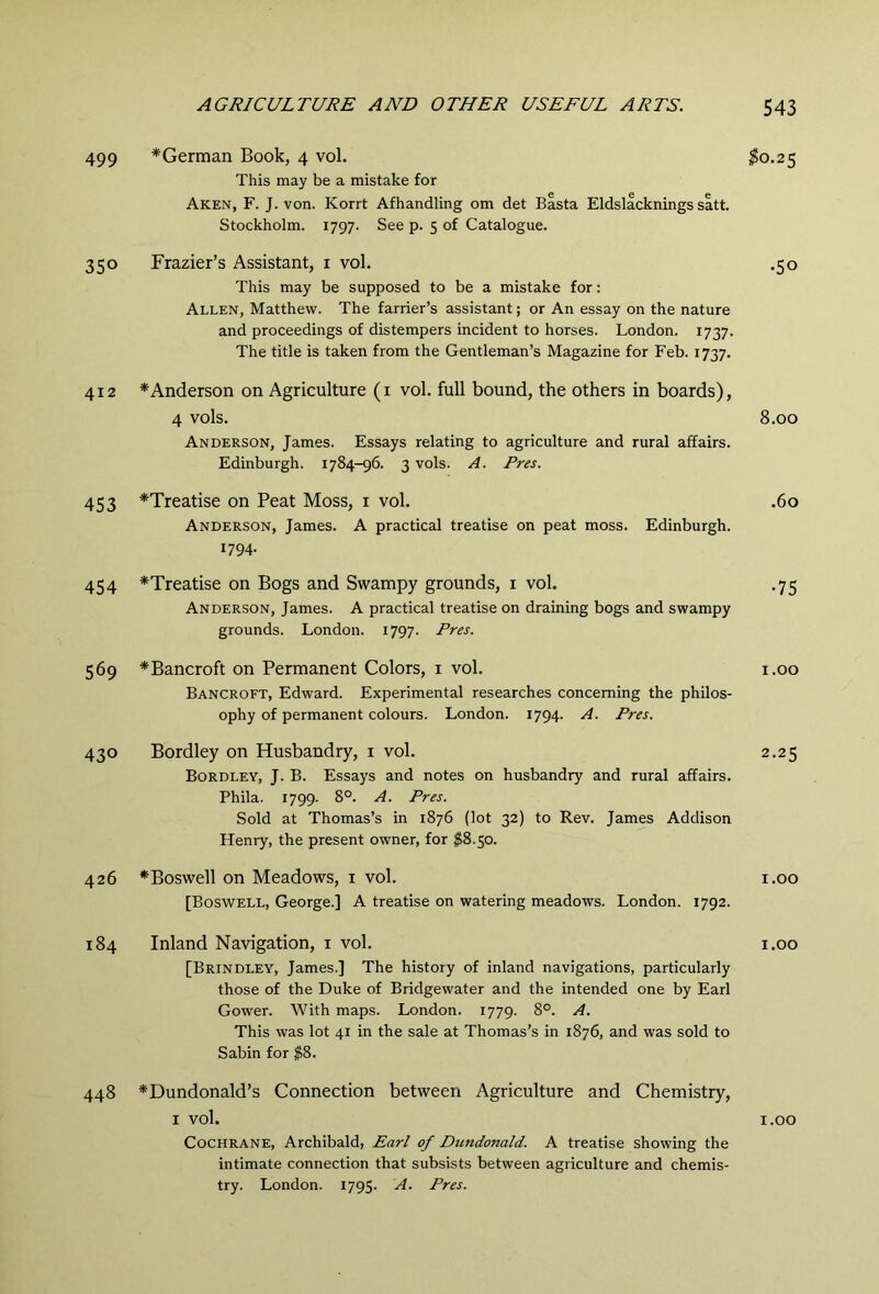499 ^German Book, 4 vol. ^0.25 This may be a mistake for Aken, F. J. von. Korrt Afhandling om det Basta Eldslacknings satt. Stockholm. 1797. See p. 5 of Catalogue. 350 Frazier’s Assistant, i vol. .50 This may be supposed to be a mistake for: Allen, Matthew. The farrier’s assistant; or An essay on the nature and proceedings of distempers incident to horses. London. 1737. The title is taken from the Gentleman’s Magazine for Feb. 1737. 412 * Anderson on Agriculture (i vol. full bound, the others in boards), 4 vols. 8.00 Anderson, James. Essays relating to agriculture and rural affairs. Edinburgh. 1784-96. 3 vols. A. Pres. 453 ^Treatise on Peat Moss, i vol. .60 Anderson, James. A practical treatise on peat moss. Edinburgh. 1794. 454 *Treatise on Bogs and Swampy grounds, i vol. .75 Anderson, James. A practical treatise on draining bogs and swampy grounds. London. 1797. Pres. 569 ^Bancroft on Permanent Colors, i vol. i.oo Bancroft, Edward. Experimental researches concerning the philos- ophy of permanent colours. London. 1794. A. Pres. 430 Bordley on Husbandry, i vol. 2.25 Bordley, J. B. Essays and notes on husbandry and rural affairs. Phila. 1799. 8°. A. Pres. Sold at Thomas’s in 1876 (lot 32) to Rev. James Addison Henry, the present owner, for $8.50. 426 *Boswell on Meadows, i vol. i.oo [Boswell, George.] A treatise on watering meadows. London. 1792. 184 Inland Navigation, i vol. i.oo [Brindley, James.] The history of inland navigations, particularly those of the Duke of Bridgewater and the intended one by Earl Gower. With maps. London. 1779. 8°. A. This was lot 41 in the sale at Thomas’s in 1876, and was sold to Sabin for $8. 448 *Dundonald’s Connection between Agriculture and Chemistry, I vol. I.oo Cochrane, Archibald, Earl of Dundonald. A treatise showing the intimate connection that subsists between agriculture and chemis- try. London. 1795. A. Pres.