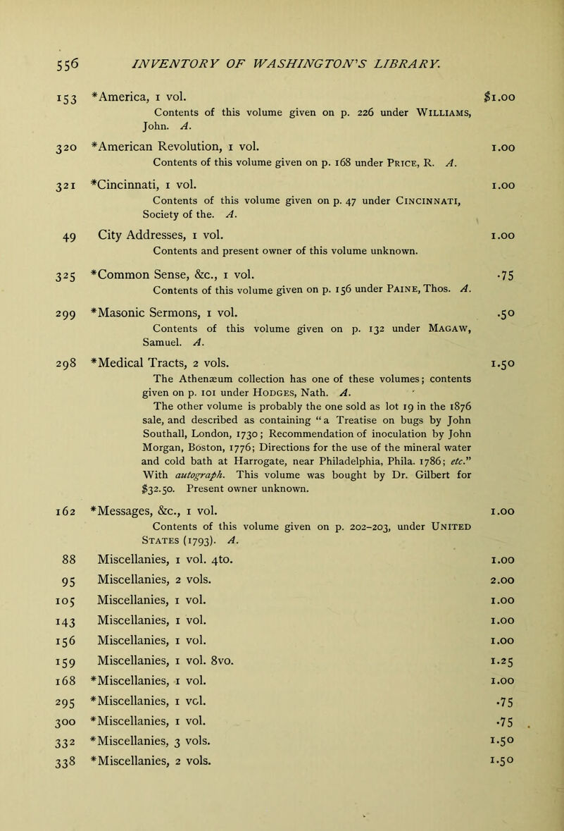 153 * America, i vol. ^i.oo Contents of this volume given on p. 226 under Williams, John. A. 320 * American Revolution, i vol. i.oo Contents of this volume given on p. 168 under Price, R. A. 321 ^Cincinnati, i vol. i.oo Contents of this volume given on p. 47 under Cincinnati, Society of the. A. 49 City Addresses, i vol. i .00 Contents and present owner of this volume unknown. 325 ^Common Sense, &c., i vol. -75 Contents of this volume given on p. 156 under Paine, Thos. A. 299 *Masonic Sermons, i vol. .50 Contents of this volume given on p. 132 under Macaw, Samuel. A. 298 *Medical Tracts, 2 vols. 1.50 The Athenaeum collection has one of these volumes; contents given on p. loi under Hodges, Nath. A. The other volume is probably the one sold as lot 19 in the 1876 sale, and described as containing “a Treatise on bugs by John Southall, London, 1730; Recommendation of inoculation by John Morgan, Boston, 1776; Directions for the use of the mineral water and cold bath at Harrogate, near Philadelphia, Phila. 1786; etc. With autograph. This volume was bought by Dr. Gilbert for 1^32.50. Present owner unknown. 162 ^Messages, &c., i vol. i.oo Contents of this volume given on p. 202-203, under United States {1793). 88 Miscellanies, i vol. 4to. i.oo 95 Miscellanies, 2 vols. 2.00 105 Miscellanies, i vol. i.oo 143 Miscellanies, i vol. i.oo 156 Miscellanies, i vol. i.oo 159 Miscellanies, i vol. 8vo. 1.25 168 *Miscellanies, i vol. i.oo 295 * Miscellanies, i vol. .75 300 *Miscellanies, i vol. .75 332 * Miscellanies, 3 vols. 1*50 338 * Miscellanies, 2 vols. 1-50