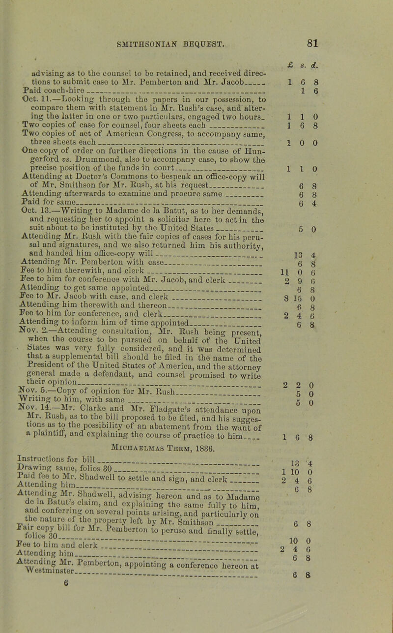 advising as to tlio counsel to be retained, and received direc- tions to submit case to Mr. Pemberton and Mr. Jacob Paid coach-hire Oct. 11.—Looking through the papers in our possession, to compare them with statement in Mr. Push’s case, and alter- ing the latter in one or two particulars, engaged two hours. Two copies of caso for counsel, four sheets each Two copies of act of American Congress, to accompany same, three sheets each One copy of order on further directions in the cause of Hun- gerford vs. Drummond, also to accompany case, to show the precise position of the funds in court Attending at Doctor’s Commons to bespeak an office-copy will of Mr. Smithson for Mr. Push, at his request Attending afterwards to examine and procure same Paid for same Oct. 13.—Writing to Madame do la Batut, as to her demands, and requesting her to appoint a solicitor here to act in the suit about to be instituted by the United States Attending Mr. Push with the fair copies of cases for his peru- sal and signatures, and we also returned him his authority, and handed him office-copy will Attending Mr. Pemberton with case Pee to him therewith, and clerk Pee to him for conference with Mr. Jacob, and clerk Attending to get same appointed Pee to Mr. Jacob with case, and clerk Attending him therewith and thereon Pee to him for conference, and clerk Attending to inform him of time appointed Nov. 2.—Attending consultation, Mr. Push being present, when the course to be pursued on behalf of the United States was very fully considered, and it was determined that a supplemental bill should be filed in the name of the President of the United States of America, and the attorney general made a defendant, and counsel promised to write their opinion Nov. 5.—Copy of opinion for Mr. Push ~ Writing to him, with same 14.—Mr. Clarke and Mr. Pladgate’s attendance upon Mr. Push, as to the bill proposed to bo filed, and his sugges- tions as to the possibility of an abatement from the want of a plaintiff, and explaining the course of practice to him Michaelmas Term, 1836. Instructions for bill Drawing same, folios 30 ” Paid fee to Mr. Shad well to settle and sign,’and~clerk Attending him _ _  Attendmg Mr. ShadweU, advising hereon and as to Madame do la Batut s claim, and explaining the same fully to him, and conferring on several points arising, and particularly on the nature of the property left by Mr. Smithson .... f°r Mr‘ 1>emborton to peruse and finally settle, Fee to him and clerk ' Attending him A Wcstmfnster 1>emberton’ “Planting a confere'neohereon at £ s. d. 16 8 1 6 1 1 0 1 6 8 10 0 1 l 0 6 8 6 8 6 4 5 0 13 4 6 8 11 0 6 2 9 6 6 8 8 15 0 6 8 2 4 6 6 8 2 2 0 5 0 5 0 16 8 13 4 1 10 0 2 4 6 6 8 G 8 10 0 2 4 6 6 8 6 8 G