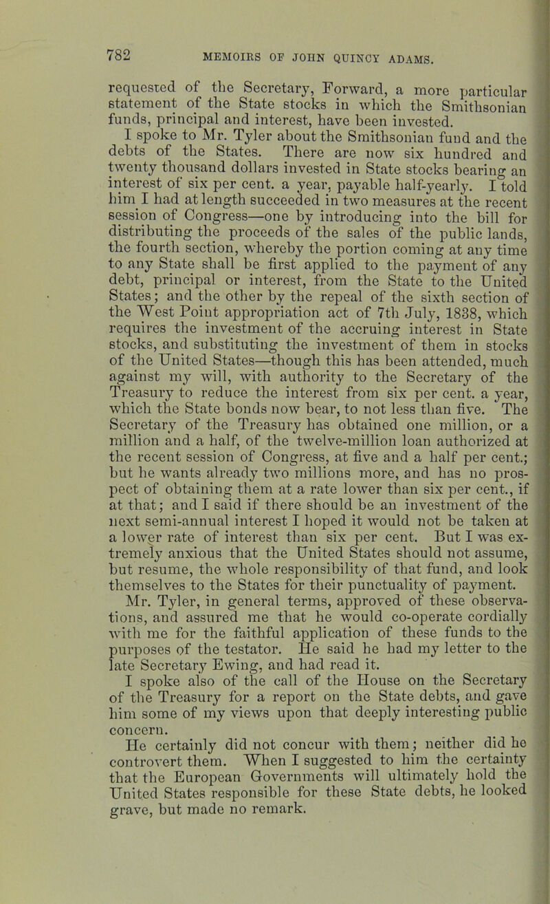 requested of the Secretary, Forward, a more particular statement of the State stocks in which the Smithsonian funds, principal and interest, have been invested. I spoke to Mr. Tyler about the Smithsonian fund and the debts of the States. There are now six hundred and twenty thousand dollars invested in State stocks bearing an interest of six per cent, a year, payable half-yearly. I told him I had at length succeeded in two measures at the recent session of Congress—one by introducing into the bill for distributing the proceeds of the sales of the public lands, the fourth section, whereby the portion coming at any time to any State shall be first applied to the payment of any debt, principal or interest, from the State to the United States; and the other by the repeal of the sixth section of the West Point appropriation act of 7th July, 1888, which requires the investment of the accruing interest in State stocks, and substituting the investment of them in stocks of the United States—though this has been attended, much against my will, with authority to the Secretary of the Treasury to reduce the interest from six per cent, a year, which the State bonds now bear, to not less than five. The Secretary of the Treasury has obtained one million, or a million and a half, of the twelve-million loan authorized at the recent session of Congress, at five and a half per cent.; but he wants already two millions more, and has no pros- pect of obtaining them at a rate lower than six per cent., if at that; and I said if there should be an investment of the next semi-annual interest I hoped it would not be taken at a lower rate of interest than six per cent. But I was ex- treme^ anxious that the United States should not assume, but resume, the whole responsibility of that fund, and look themselves to the States for their punctuality of payment. Mr. Tyler, in general terms, approved of these observa- tions, and assured me that he would co-operate cordially with me for the faithful application of these funds to the purposes of the testator. He said he had my letter to the late Secretary Ewing, and had read it. I spoke also of the call of the House on the Secretary of the Treasury for a report on the State debts, and gave him some of my views upon that deeply interesting public concern. He certainly did not concur with them; neither did he controvert them. When I suggested to him the certainty that the European Governments will ultimately hold the United States responsible for these State debts, he looked grave, but made no remark.