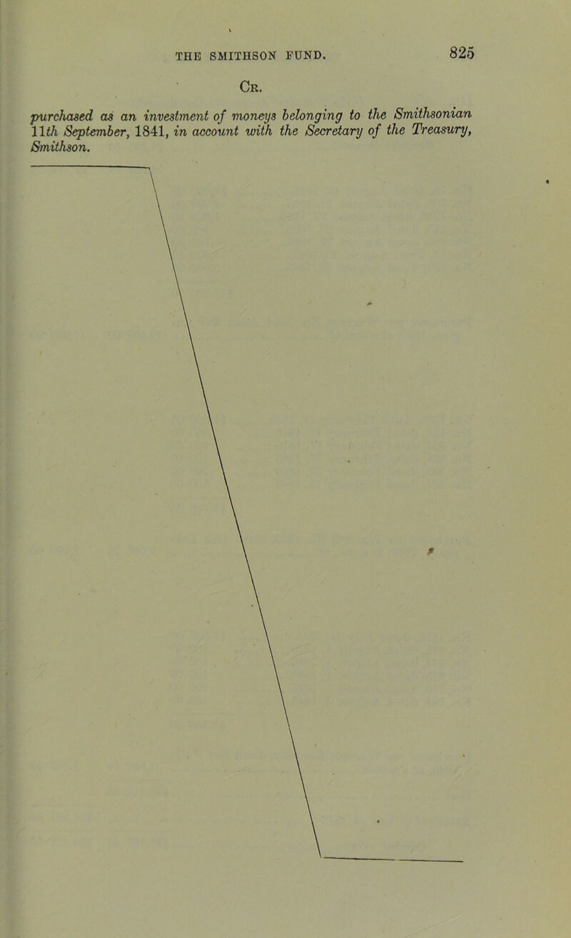 Cr. purchased as an investment of moneys belonging to the Smithsonian 11th September, 1841, in account with the Secretary of the Treasury, Smithson. X