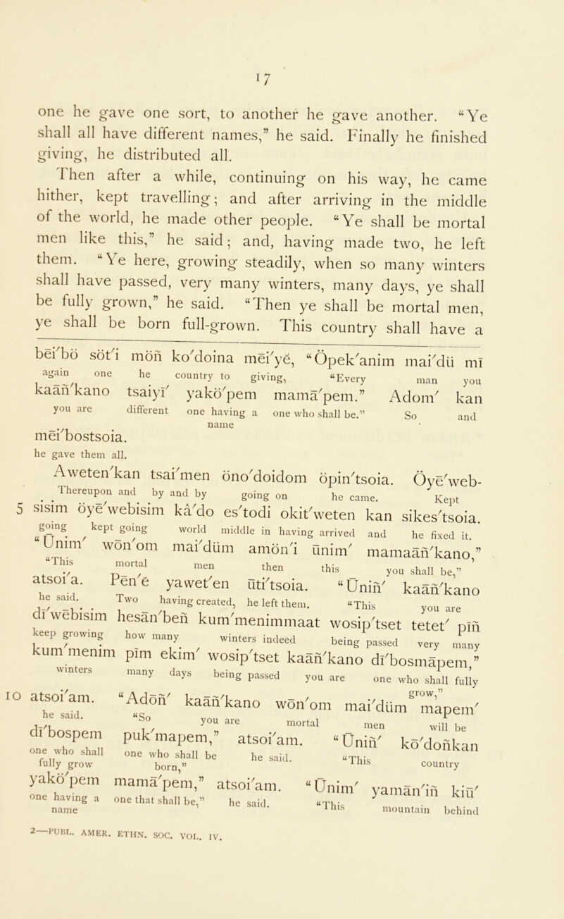 one he gave one sort, to another he gave another. “Ye shall all have different names,” he said. Finally he finished giving, he distributed all. 1 hen after a while, continuing on his way, he came hither, kept travelling; and after arriving in the middle of the world, he made other people. “Ye shall be mortal men like this,” he said; and, having made two, he left them. \e here, growing steadily, when so many winters shall have passed, very many winters, many days, ye shall be fully grown,” he said. “Then ye shall be mortal men, ye shall be born full-grown. This country shall have a bei^bo sot^i moh again one he kaahTano tsaiyf you are different meiTostsoia. ko doina mei^ye, “Opek^anim mai^dli mi country to giving, “Every man you yako'peni mama'pem.” Adorn' kan one having a one who shall be.” So and name he gave them all. Aweten'kan tsai'men ono'doidom opin'tsoia. Oye'web- _ _ Thereupon and by and by going on he came. Kept 5 Sisim oye'webisim ka'do es'todi okit'weten kan sikes'tsoia g^ing ^ kept^going world middle in having arrived and he fixed it. mm won om mai'dum amon'i unim' mamaan'kano ” This mortal men then this _ you shail be,” atsoia. kene yawet'en uti'tsoia. “UniiV kaan'kano re s.mcb ^ Two having created, he left them. “This you are 1 webisim hesan'ben kum'menimmaat wosip'tset tetet' pin eep growtng how many ^ winters indeed being passed very many kum menim pim ekim wosip'tset kaan'kano di'bosmapem ” enters many days being passed you are one who shall fully “Adon' kaan'kano won'om mai'dum^ mapem' _ men will be pukmapem, atsoi'am. “UniiV ko'donkan one who^^shall be he said. .<Thi, mama'pem,” atsoi'am. “Unim' yaman'in kin' one that shall be,” he said. «This mountain behind lo atsoi^am. he said. dfbospem one who shall fully grow yako'pem one having a name