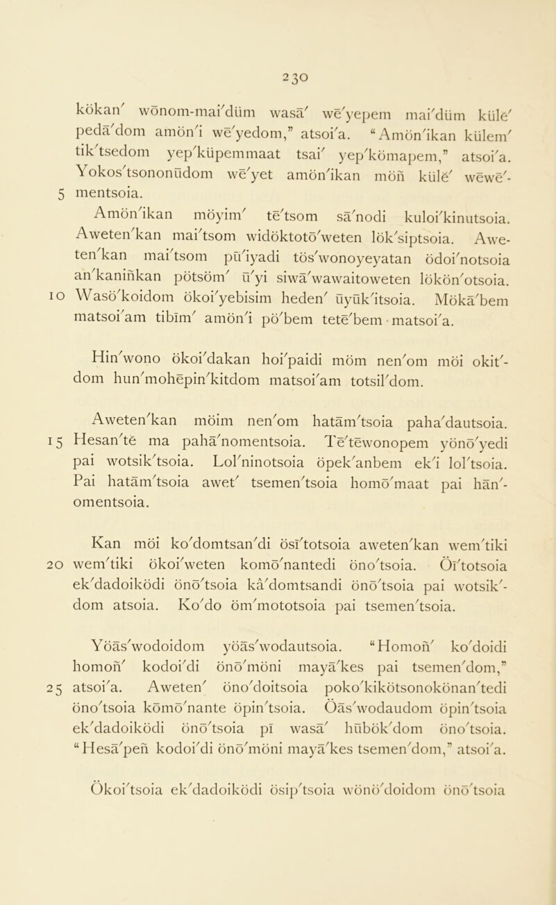 kokan wonom-makdiim wasa' we^yepem mai'dum kiile^ peda^dom amond we'yedom,” atsoka. “Amondkan kulenV tik'tsedom yep'kupemmaat tsak yep'komapem,” atsoka. Yokos tsononudoni wc yet amdn^ikan rndn kiil^^ wewe^- 5 mentsoia. Amon ikan moyim te tsom saAodi kulokkinutsoia. AweteAkan maktsom widoktotoVeten Idk'siptsoia. Awe- ten kan maktsom pudyadi tdsdvonoyeyatan odoknotsoia an kaninkan pdtsom^ fkyi siwa^wawaitoweten lokdnYtsoia. lo Waso'koidom dkokyebisim heden Oyukdtsoia. Moka'bem matsokam tibim' amend pb'bem tete'bem-matsoka. Hin wono okoi^dakan hoi^paidi mom nen^om moi okit^- dom hundiiohepin^kitdom matsokam totsikdom. Aweten'kan moim nen'om hatamdsoia paha'dautsoia. 15 blesan te ma paha^nomentsoia. d edewonopem yono^yedi pai wotsikdsoia. Lokninotsoia dpek^anbem ekd loktsoia. Pai hatamdsoia aweP tsemendsoia homo'maat pai han'- omentsoia. Kan moi koMomtsanMi osidotsoia aweteYkan wemdiki 20 wemdiki bkokweten komoAantedi onodsoia. Oidotsoia ekMadoikbdi onodsoia kYdomtsandi onodsoia pai wotsik^- dom atsoia. KoMo om^mototsoia pai tsemendsoia. YbasVodoidom yoasVodaiitsoia. “HomoiY koMoidi homoiY kodokdi onodnoni maya^kes pai tsemenMom,” 25 atsoi^a. Aweten^ ono^doitsoia pokodeikotsonokbnandedi onodsoia komoYante bpindsoia. Oasdvodaudom bpindsoia ek^dadoikbdi bnbdsoia pi wasa^ hubbk^om bnodsoia. “Hesa^peh kodoi^di bnoYibni maya^kes tsemen^dom,” atsoi'a. Okoidsoia ekdladoikbdi bsipdsoia wbnbdloidom bnbdsoia