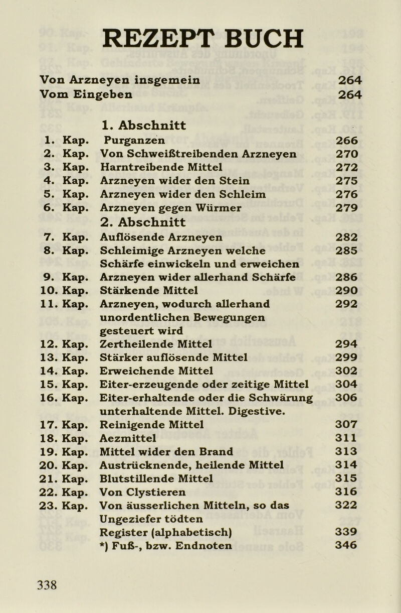 REZEPT BUCH Von Arzneyen insgemein 264 Vom Eingeben 264 1. Abschnitt 1. Kap. Purganzen 266 2. Kap. Von Schweißtreibenden Arzneyen 270 3. Kap. Harntreibende Mittel 272 4. Kap. Arzneyen wider den Stein 275 5. Kap. Arzneyen wider den Schleim 276 6. Kap. Arzneyen gegen Würmer 279 2. Abschnitt 7. Kap. Auflösende Arzneyen 282 8. Kap. Schleimige Arzneyen welche 285 Schärfe einwickeln und erweichen 9. Kap. Arzneyen wider allerhand Schärfe 286 10. Kap. Stärkende Mittel 290 11. Kap. Arzneyen, wodurch allerhand 292 unordentlichen Bewegungen gesteuert wird 12. Kap. Zertheilende Mittel 294 13. Kap. Stärker auflösende Mittel 299 14. Kap. Erweichende Mittel 302 15. Kap. Eiter-erzeugende oder zeitige Mittel 304 16. Kap. Eiter-erhaltende oder die Schwärung 306 unterhaltende Mittel. Digestive. 17. Kap. Reinigende Mittel 307 18. Kap. Aezmittel 311 19. Kap. Mittel wider den Brand 313 20. Kap. Austrücknende, heilende Mittel 314 21. Kap. Blutstillende Mittel 315 22. Kap. Von Clystieren 316 23. Kap. Von äusserlichen Mitteln, so das 322 Ungeziefer tödten Register (alphabetisch) 339 *) Fuß-, bzw. Endnoten 346