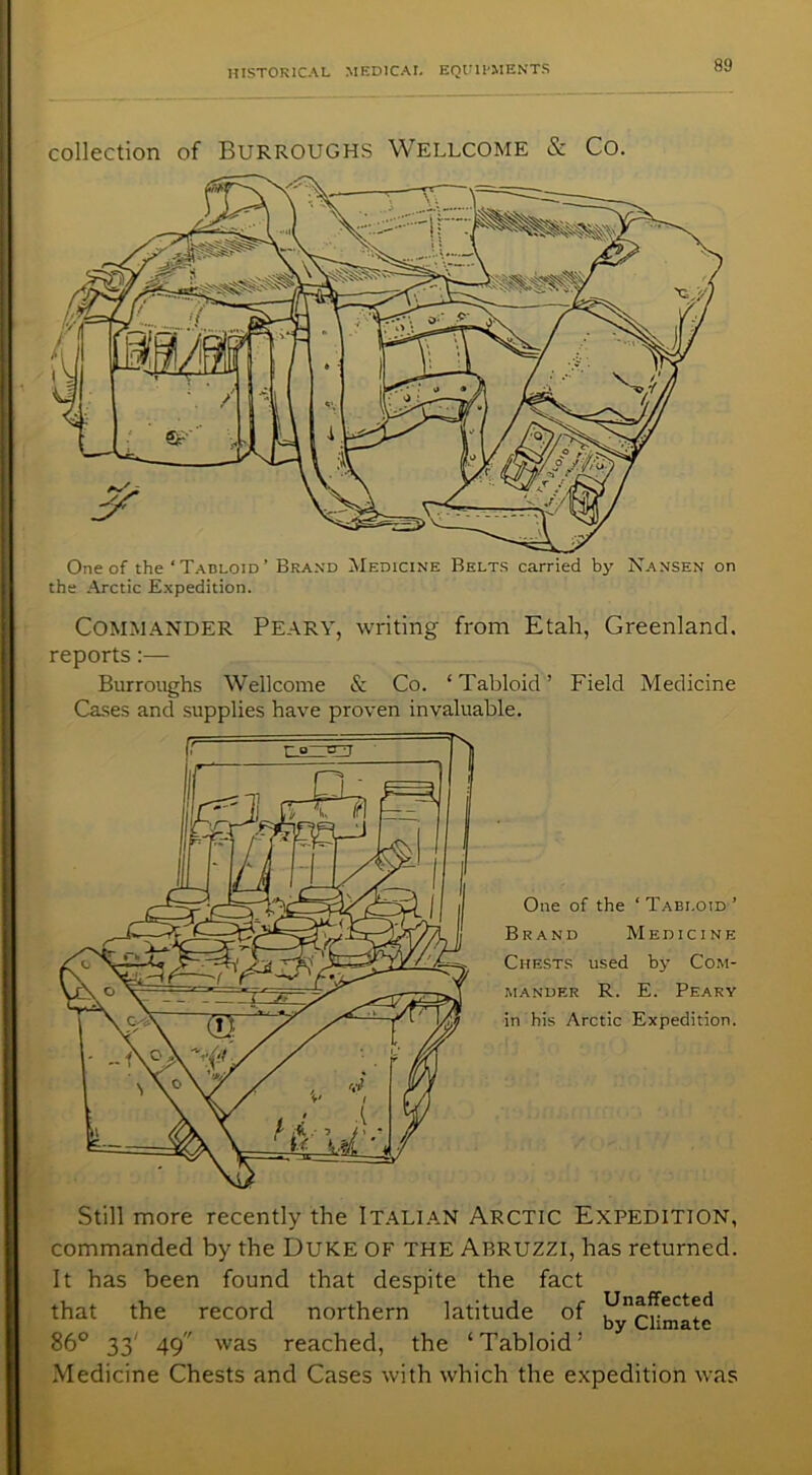 collection of Burroughs Wellcome & Co. One of the‘Tabloid’ Brand Medicine Belts carried by Nansen on the Arctic Expedition. Commander Peary, writing from Etah, Greenland. reports:— Burroughs Wellcome & Co. ‘Tabloid’ Field Medicine Cases and supplies have proven invaluable. One of the ‘ Tabloid ’ Brand Medicine Chests used by Com- mander R. E. Peary in his Arctic Expedition. Still more recently the Italian Arctic Expedition, commanded by the Duke of the Abruzzi, has returned. It has been found that despite the fact that the record northern latitude of ^climate 86° 33' 49 was reached, the ‘Tabloid’ Medicine Chests and Cases with which the expedition was