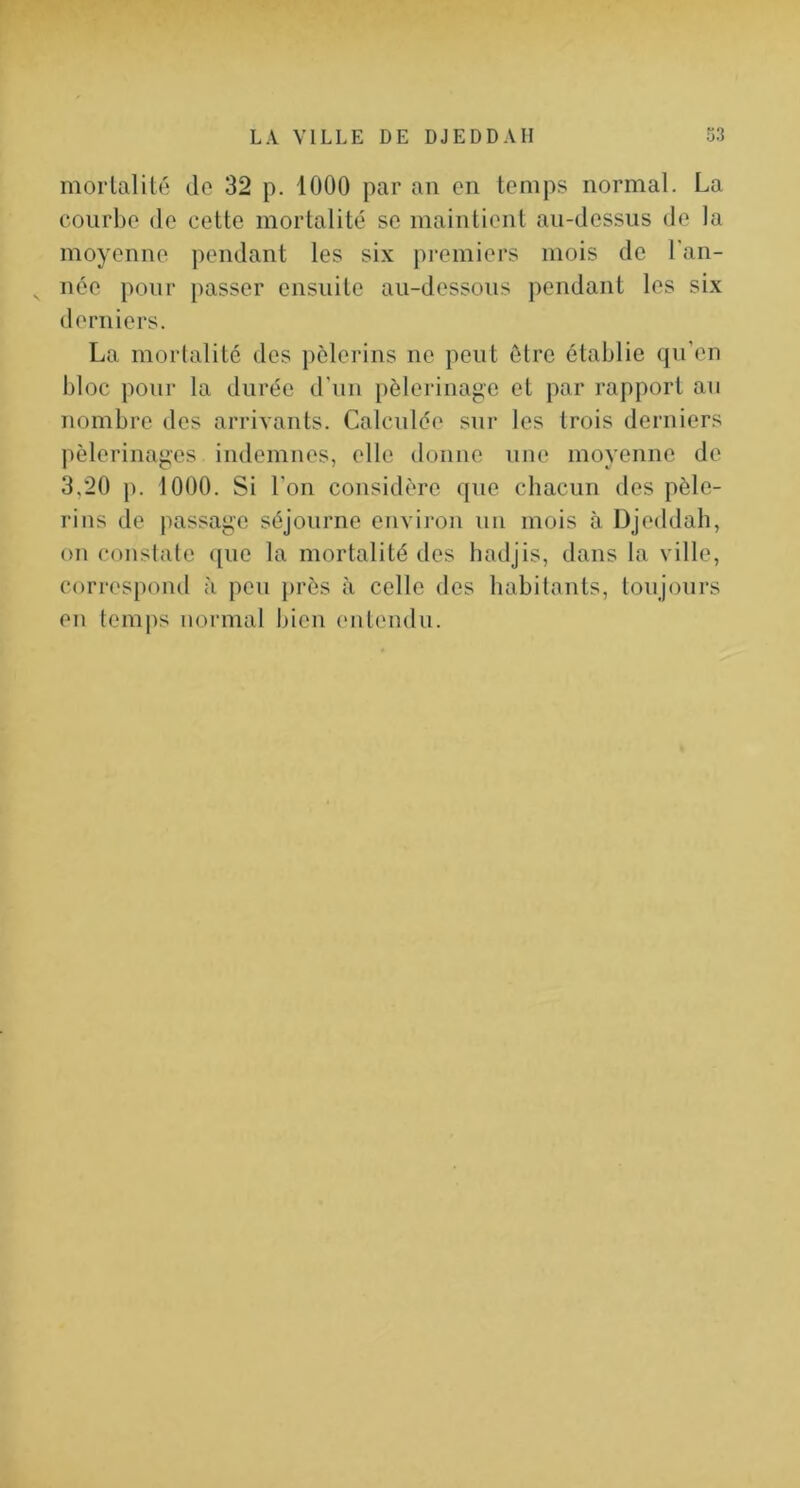 mortalité de 32 p. 1000 par an en temps normal. La courbe de cette mortalité se maintient an-dessus de la moyenne pendant les six premiers mois de l’an- née pour passer ensuite au-dessous pendant les six derniers. La mortalité dos pèlerins ne peut être établie qu’en bloc pour la durée d’un pèlerinage et par rapport an nombre des arrivants. Calculée sur les trois derniers ])èlerinages indemnes, elle donne une moyenne de 3,20 p. 1000. Si l’on considère que chacun des pèle- rins de passage séjourne environ nn mois à Djeddah, on constate ([ne la mortalité des hadjis, dans la ville, correspond à peu près à celle des habitants, toujours en temps normal bien (mtendu.