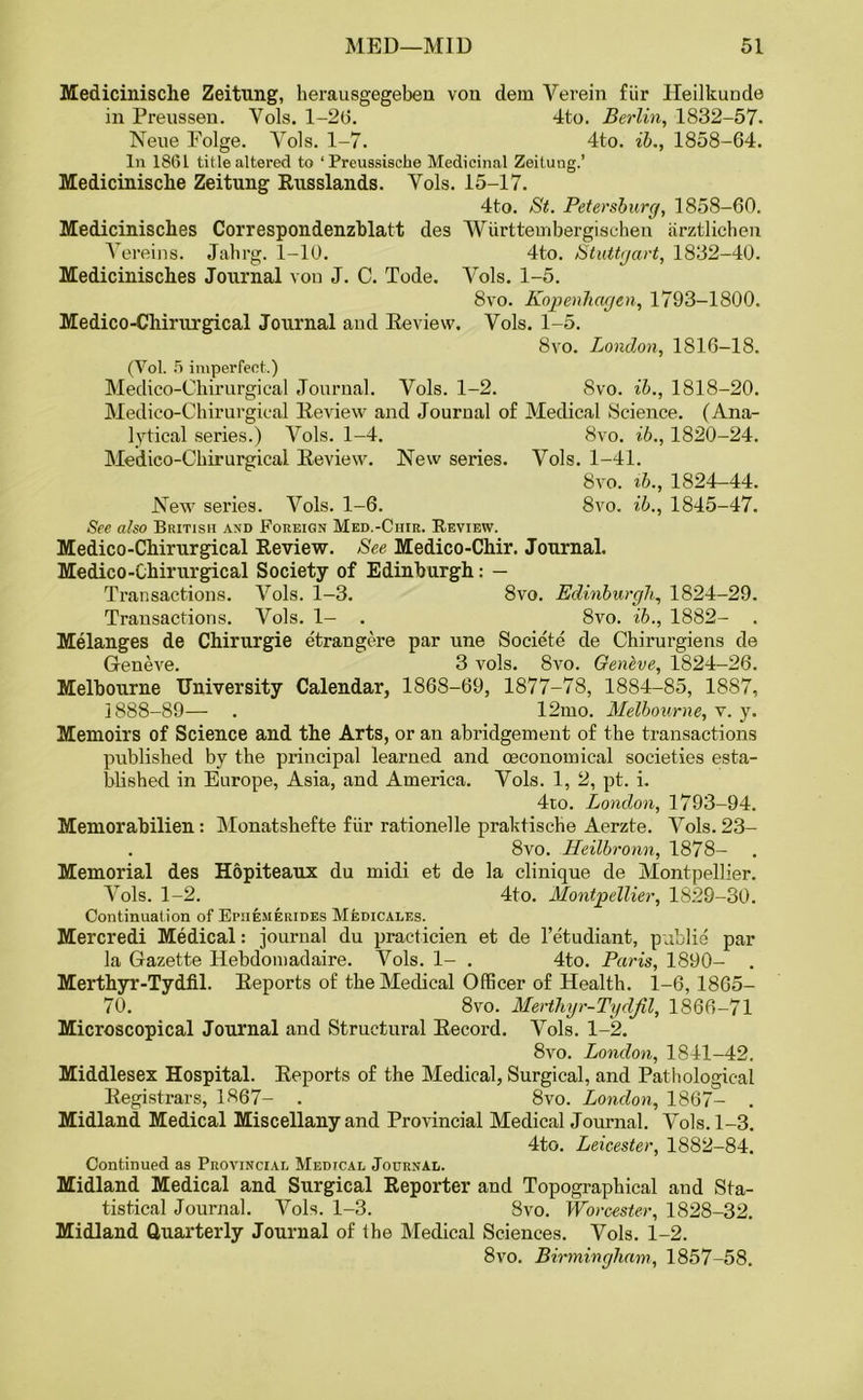 Medicinisclie Zeitung, herausgegebeu von dem Verein fiir lleilkuode in Prenssen. Vols. 1-2(3. 4to. Berlin, 1832-57- Neue Eolge. Vols. 1-7. 4to. ib., 1858-64. In 1861 title altered to ‘Preussische Medicinal Zeituug.’ Medicinische Zeitung Russlands. Vols. 15-17. 4to. St. Petersburg, 1858-60. Medicinisches Correspondenzblatt des Wiirttembergischen arztlichen Vereins. Jahrg. 1-10. 4to. Stuttgart, 1832-40. Medicinisches Journal von J. C. Tode. Vols. 1-5. 8vo. Kopenhagcn, 1793-1800. Medico-Cliirurgical Journal and Review. Vols. 1-5. 8vo. London, 1816-18. (Yol. 5 imperfect.) Medico-Chirurgieal Journal. Vols. 1-2. 8vo. ib., 1818-20. Medico-Chirurgical Review and Journal of Medical Science. (Ana- lytical series.) Vols. 1-4. 8vo. ib., 1820-24. Medico-Chirurgical Review. New series. Vols. 1-41. 8vo. ib., 1824-44. New series. Vols. 1-6. 8vo. ib., 1845-47. See also British and Foreign Med.-Ciiir. Review. Medico-Chirurgical Review. See Medico-Chir. Journal. Medico-Chirurgical Society of Edinburgh: — Transactions. Vols. 1-3. 8vo. Edinburgh, 1824-29. Transactions. Vols. 1- . 8vo. ib., 1882- . Melanges de Chirurgie etrangere par une Societe de Chirurgiens de Geneve. 3 vols. 8vo. Geneve, 1824-26. Melbourne University Calendar, 1868-69, 1877-78, 1884-85, 1887, 1888-89— . 12mo. Melbourne, v. y. Memoirs of Science and the Arts, or an abridgement of the transactions published by the principal learned and (economical societies esta- blished in Europe, Asia, and America. Vols. 1, 2, pt. i. 4to. London, 1793-94. Memorabilien: Monatshefte fiir rationelle praktische Aerzte. Vols. 23- . 8vo. Heilbronn, 1878- Memorial des Hopiteaux du midi et de la clinique de Montpellier. Vols. 1-2. 4to. Montpellier, 1829-30. Continuation of Epiiesierides Medicales. Mercredi Medical: journal du practicien et de l’etudiant, publie par la Gazette Hebdomadaire. Vols. 1- . 4to. Paris, 1890- . Merthyr-Tydfil. Reports of the Medical Officer of Health. 1-6, 1865- 70. 8vo. Merthyr-Tydfil, 1866-71 Microscopical Journal and Structural Record. Vols. 1-2. 8vo. London, 1841-42. Middlesex Hospital. Reports of the Medical, Surgical, and Pathological Registrars, 1867- . 8vo. London, 1867- . Midland Medical Miscellany and Provincial Medical Journal. Vols. 1-3. 4to. Leicester, 1882-84. Continued as Provincial Medical Journal. Midland Medical and Surgical Reporter and Topographical and Sta- tistical Journal. Vols. 1-3. 8vo. Worcester, 1828-32. Midland Quarterly Journal of the Medical Sciences. Vols. 1-2. 8vo. Birmingham, 1857-58.