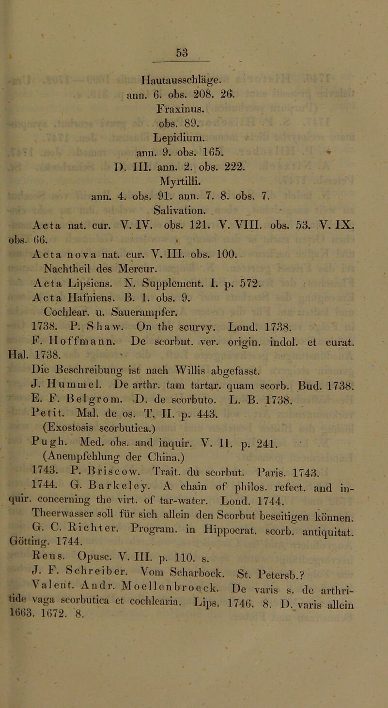 Hautausschläge, ann. 6. obs. 208. 26. Fraxinus. obs. 89. Lepidium. ann. 9. obs. 165. * D. III. ann. 2. obs. 222. Myrtilli. ann. 4. obs. 91. ann. 7. 8. obs. 7. Salivation. Acta nat. cux*. V. IV. obs. 121. V. VIII. obs. 53. V. IX. obs. (56. * Acta nova nat. cur. V. III. obs. 100. Nachtheil des Mercur. Acta Lipsiens. N. Supplement. I. p. 572. Acta Hafniens. B. 1. obs. 9. Cocblear. u. Sauerampfer. 1738. P. Shaw. On the scui-vy. Lond. 1738. F. Hoffmann. De scorbut. ver. origin. indol. et curat. Hai. 1738. Die Beschreibung ist nach Willis abgefasst. J. Hummel. De arthr. tarn tartar. quam scorb. Bud. 1738. E. F. Belgrom. D. de scorbuto. L. B. 1738. Petit. Mal. de os. T. II. p. 443. (Exostosis scorbutica.) Pugh. Med. obs. and inquir. V. II. p. 241. (Anempfehlung der China.) 1743. P. Briscow. Trait. du scorbut. Paris. 1743. 1744. G. Bark eiey. A chain of philos. i’efect. and in- quir. concerning the virt. of tar-water. Lond. 1744. Theerwasser soll für sich allein den Scorbut beseitigen können. G. C. Richter. Program, in Hippocrat. scorb. antiquitat. Gotting. 1744. ° Reus. Opusc. V. III. p. HO. s. J. F. Schreiber. Vom Scharbock. St. Petersb.? Valent. Andr. Moellenbroeck. De varis s. de arthri- tule vaga scorbutica et cochlearia. Lips. 1746. 8. D. varis allein 1663. 1672. 8.