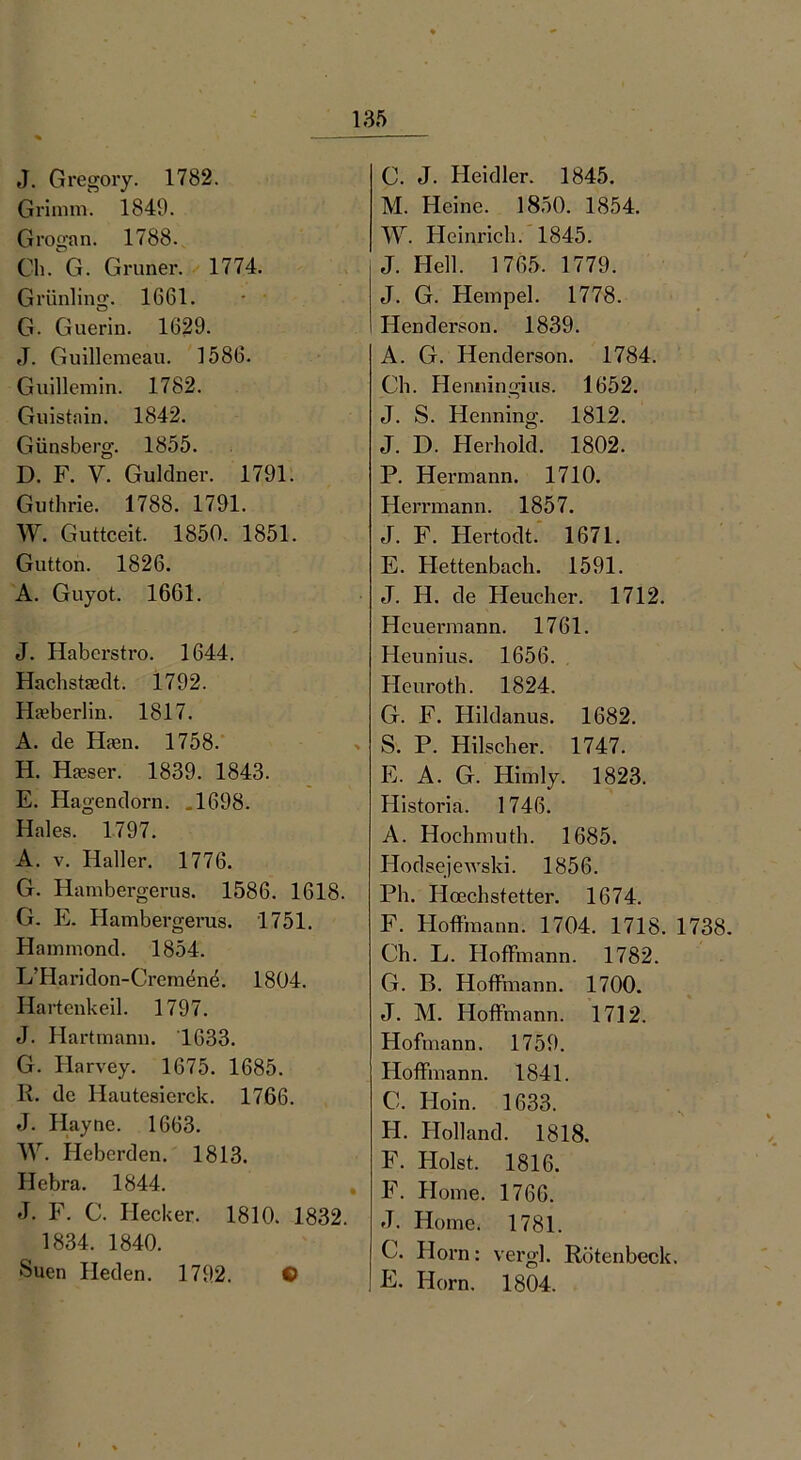 J. Gregory. 1782. Grimm. 1849. Grogan. 1788. Ch. G. Grüner. 1774. Grünling. 1661. G. Guerin. 1629. J. Guillemeau. 1586. Guillemin. 1782. Gnistain. 1842. Günsberg. 1855. D. F. V. Guldner. 1791. Guthrie. 1788. 1791. W. Guttceit. 1850. 1851. Gutton. 1826. A. Guyot. 1661. J. Habcrstro. 1644. Hachstaedt. 1792. Hseberlin. 1817. A. de Ehen. 1758. H. Haeser. 1839. 1843. E. Hagendorn. .1698. Haies. 1797. A. v. Haller. 1776. G. Hambergerus. 1586. 1618. G. E. Hambergerus. 1751. Hammond. 1854. L’Haridon-Cremend. 1804. Hartenkeil. 1797. J. Hartmann. 1633. G. Harvey. 1675. 1685. K. de Hautesierck. 1766. J. Ilayne. 1663. W. Heberden. 1813. Hebra. 1844. J. F. C. Hecker. 1810. 1832. 1834. 1840. Suen Heden. 1792. © C. J. Heidler. 1845. M. Heine. 1850. 1854. W. Heinrich. 1845. J. Hell. 1765. 1779. J. G. Hempel. 1778. Henderson. 1839. A. G. Henderson. 1784. Ch. Henningius. 1652. J. S. Henning. 1812. J. D. Herhold. 1802. P. Hermann. 1710. Herrmann. 1857. J. F. Hertodt. 1671. E. Hettenbach. 1591. J. H. de Heucher. 1712. Heuermann. 1761. Heunius. 1656. Heuroth. 1824. G. F. Hildanus. 1682. S. P. Hilscher. 1747. E. A. G. Himly. 1823. Historia. 1746. A. Hochmuth. 1685. Hodsejewski. 1856. Ph. Hoechstetter. 1674. F. Hoffmann. 1704. 1718. 1738. Ch. L. Hoffmann. 1782. G. B. Hoffmann. 1700. J. M. Hoffmann. 1712. Hofmann. 1759. Hoffmann. 1841. C. Hoin. 1633. H. Holland. 1818. F. Holst. 1816. F. Home. 1766. J. Home. 1781. C. Horn: vergl. Rötenbeck. E. Horn. 1804.