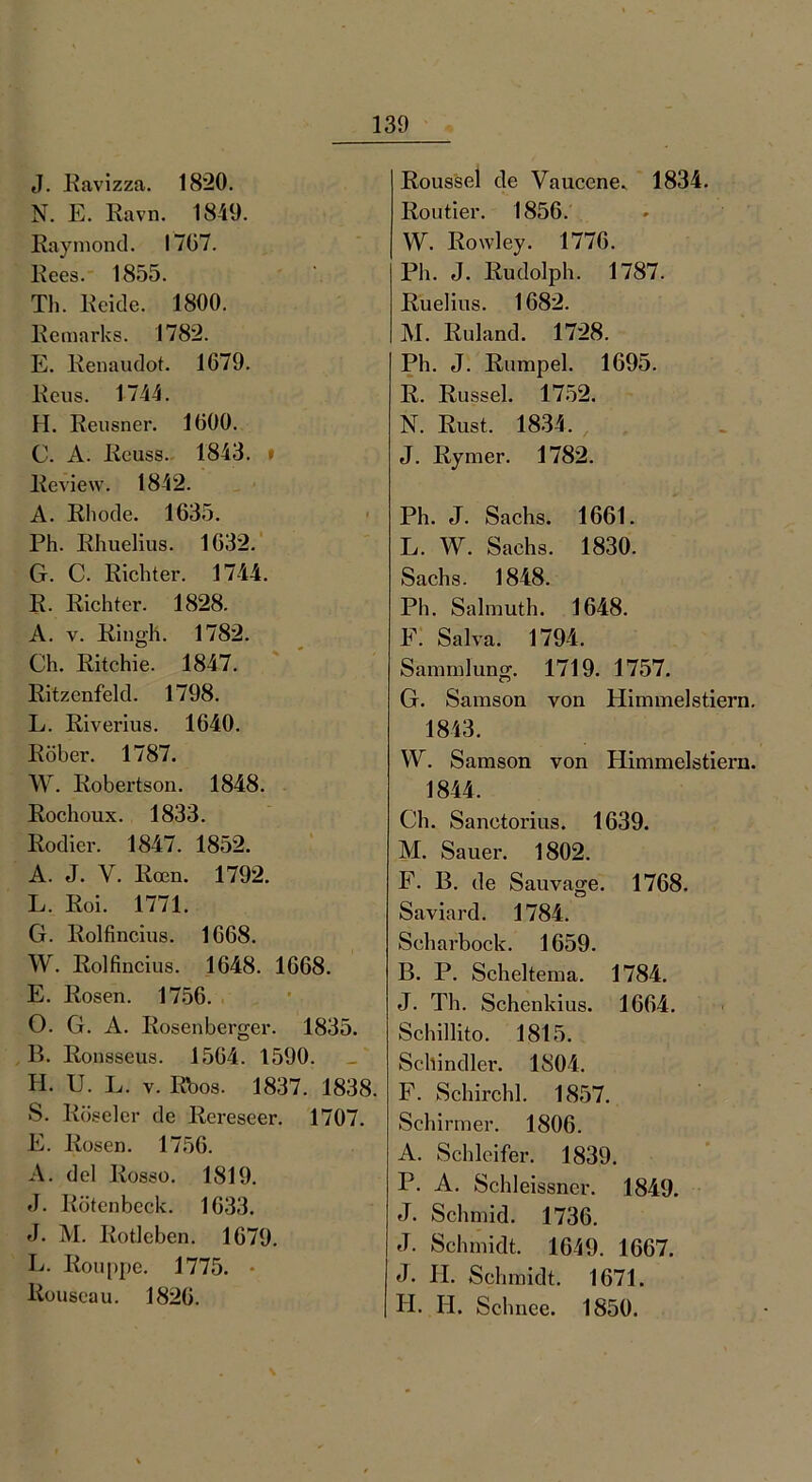 J. Ravizza. 1820. N. E. Ravn. 1849. Raymond. 1707. Rees. 1855. Th. Rekle. 1800. Remarks. 1782. E. Renaudot. 1679. Rens. 1744. H. Reusner. 1600. C. A. Reuss. 1843. » Review. 1842. A. Rhode. 1635. Ph. Rhuelius. 1632. G. C. Richter. 1744. R. Richter. 1828. A. v. Ringh. 1782. Ch. Ritchie. 1847. Ritzenfeld. 1798. L. Riverius. 1640. Röber. 1787. W. Robertson. 1848. Rochoux. 1833. Rodier. 1847. 1852. A. J. Y. Roen. 1792. L. Roi. 1771. G. Rolfincius. 1668. W. Rolfincius. 1648. 1668. E. Rosen. 1756. O. G. A. Rosenberger. 1835. B. Ronsseus. 1564. 1590. H. U. L. v. R’oos. 1837. 1838. S. Röseler de Rereseer. 1707. E. Rosen. 1756. A. del Rosso. 1819. «J. Rötenbeck. 1633. J. M. Rotleben. 1679. L. Rouppe. 1775. • liouscau. 1826. Roussel de Vaucene* 1834. Routier. 1856. W. Rowley. 1776. Ph. J. Rudolph. 1787. Ruelius. 1682. M. Ruland. 1728. Ph. J. Rumpel. 1695. R. Rüssel. 1752. N. Rust. 1834. J. Rymer. 1782. Ph. J. Sachs. 1661. L. W. Sachs. 1830. Sachs. 1848. Ph. Salmuth. 1648. F. Salva. 1794. Sammlung. 1719. 1757. G. Samson von Himmelstiern. 1843. W. Samson von Himmelstiern. 1844. Ch. Sanctorius. 1639. AI. Sauer. 1802. F. B. de Sauvage. 1768. Saviard. 1784. Scharbock. 1659. B. P. Scheltema. 1784. J. Th. Schenkius. 1664. Schillito. 1815. Schindler. 1804. F. Schirchl. 1857. Schirmer. 1806. A. Schleifer. 1839. P. A. Schleissner. 1849. J. Schmid. 1736. J. Schmidt. 1649. 1667. J. H. Schmidt. 1671. H. II. Schnee. 1850.