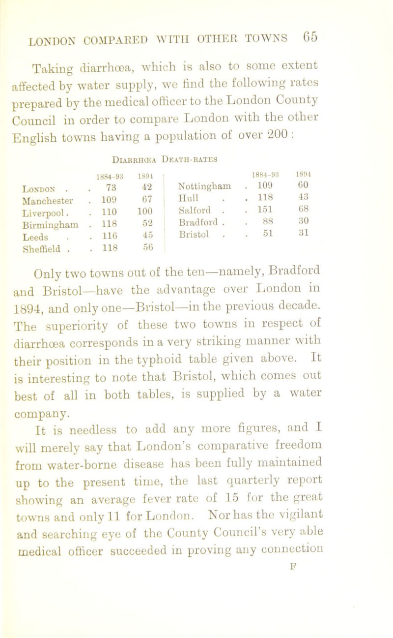 Taking diarrhoea, which is also to some extent affected by water supply, we find the following rates prepared by the medical officer to the London County Council in order to compare London with the other English towns having a population of over 200 : Diarrhcea Death-bates London . 1884-93 . 73 1894 ' 42 Nottingham 1884-9 . 109 Manchester . 109 67 j Hull . 118 Liverpool. . 110 100 Salford . . 151 Birmingham . 118 52 1 Bradford . 88 Leeds . 116 45 Bristol . 51 Sheffield . . 118 56 Only two towns out of the ten—namely, Bradford and Bristol—have the advantage over London in 1894, and only one—Bristol—in the previous decade. The superiority of these two towns in respect of diarrhoea corresponds in a very striking manner with their position in the typhoid table given above. It is interesting to note that Bristol, which comes out best of all in both tables, is supplied by a water company. It is needless to add any more figures, and I will merely say that London’s comparative freedom from water-borne disease has been fully maintained up to the present time, the last quarterly report showing an average fever rate of 15 for the great towns and only 11 for London. Nor has the vigilant and searching eye of the County Council s very able medical officer succeeded in proving any connection F