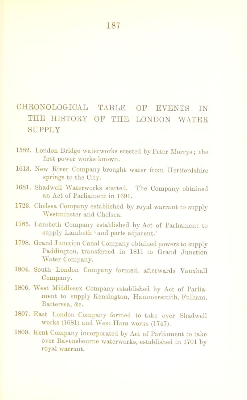 CHEONOLOGICAL TABLE OF EVENTS IN THE HISTOBY OF THE LONDON WATER SUPPLY 1582. London Bridge waterworks erected by Peter Morrys; the first power works known. 1613. New River Company brought water from Hertfordshire springs to the City. 1681. Shadwell Waterworks started. The Company obtained an Act of Parliament in 1691. 1723. Chelsea Company established by royal warrant to supply Westminster and Chelsea. 1785. Lambeth Company established by Act of Parliament to supply Lambeth 1 and parts adjacent.’ 1798. Grand Junction Canal Company obtained powers to supply Paddington, transferred in 1811 to Grand Junction Water Company. 1804. South London Company formed, afterwards Vauxhall Company. 1806. West Middlesex Company established by Act of Parlia- ment to supply Kensington, Hammersmith, Fulham, Battersea, &c. 1807. East London Company formed to take over Shadwell works (1681) and West Ham works (1747). 1809. Kent Company incorporated by Act of Parliament to take over Ravensbourno waterworks, established in 1701 by royal warrant.