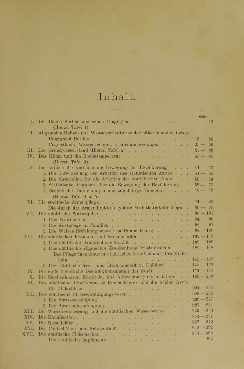 Inlial t. Seite I. Der Boden Berlins und seiner Umgegend 1 — 12 (Hierzu Tafel 1) II. Allgemeine Höhen- und Wasserverhältnisse der näheren und weiteren Umgegend Berlins 13 — 26 Pegelstände, Wassermengen, Breitenabmessungen 23— 26 III. Der Grundwasserstand (Hierzu Tafel 2) 27 — 33 IV. Das Klima und die Bodentemperatur 33 — 40 (Hierzu Tafel 3) V. Das statistische Amt und die Bewegung der Bevölkerung .... 41 — 73 1. Die Entwickelung der Arbeiten des statistischen Amtes ... 41—52 2. Die Materialien ftlr die Arbeiten des statistischen Amtes . . 52 — 54 3. Statistische Angaben über die Bewegung der Bevölkerung . . 55 ^— 70 4. Graphische Darstellungen und zugehörige Tabellen 70 — 73 (Hierzu Tafel 4 u. 51 VI. Die städtische Annenpflege 74 — 90 Die durch die Armendirektion geübte Wohlthätigkeitspflege . 88— 90 VII. Die städtische Waisenpflege 90 — 101 1. Das Waisendepot 94 — 96 2. Die Kostpflege in Familien 96— 97 3. Die Waisen-Erziehungsanstalt zu Rummelsburg ..... 98 — 100 VIII. Die städtischen Kranken- und Irrenanstalten 102 — 173 1. Das städtische Krankenhaus Moabit . ^ 102—^122 2. Das städtische allgemeine Krankenhaus Friedrichshain . . . 122 — 148 Das Pflegerinnenliaus im städtischen Krankenhause. Friedrichs- hain 145 —148 3. Die städtische Irren- und Idiotenanstalt zu Dalldorf .... 148 — 173 IX. Die erste öffentliche Desinfektionsanstalt der Stadt 174—184 .X. Die Siechcnhäuser, Hospitäler und Alterversorgungsanstalten . . 185 — 203 XI. Das städtische Arbeitshaus zu Rummel.sburg und die beiden Asyle für Obdachlose 204 — 207 XII. Das städtische Strassenreinigungswesen 208 — 234 1. Die Strassenreinigung 208 — 227 2. Die Stras.senbesprengung 227 — 234 XIII. Die Wasserversorgung und die städtischen Wasserwerke .... 235 — 253 XIV. Die Kanalisation 254 267 XV. Die Rieselfelder 267 272 XVI. Der Central-Vie.h- und Schlachthof 272 292 XVII. Die städtische bMeiscliscIiau . . 293 302 Die städtische. Impfanstalt 4(>2