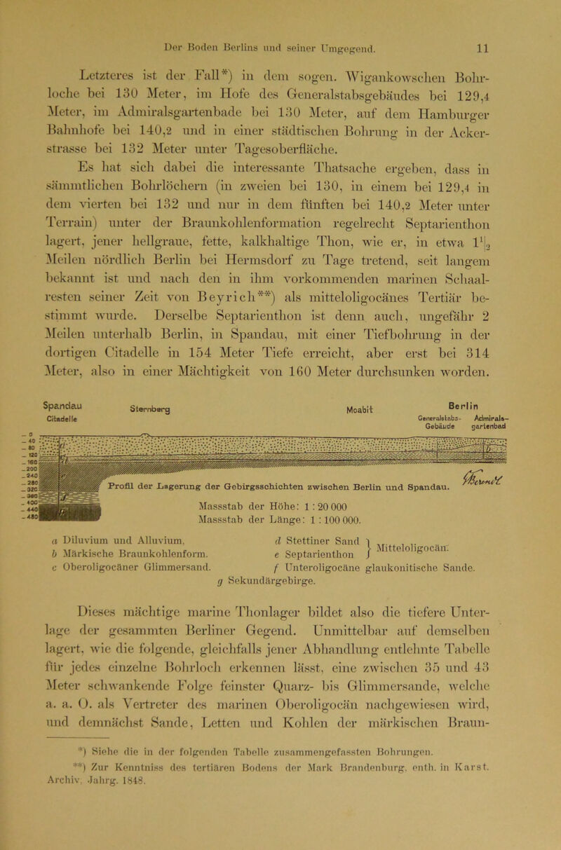 sliSsglsSgsä“ Letzteres ist der Fall*) in dem sog-en. Wigankowsclien Bolir- lüche bei 130 Meter, im Hofe des Generalstabsgebändes bei 129,4 Bieter, im Admiralsgartenbade bei 130 Meter, anf dem Hamburger Balmliofe bei 140,2 und in einer städtischen Bohrung in der Acker- strasse bei 132 Meter unter Tagesoberfläche. Es hat sich dabei die interessante Thatsache ergeben, dass in sämmtlichen Bolndöchern (in zweien bei 130, in einem bei 129,4 in dem vierten bei 132 und nur in dem fünften bei 140,2 Meter unter Terrain) unter der Braunkohlenformation regelrecht Septarienthon lagei-t, jener hellgraue, fette, kalkhaltige Thon, wie er, in etwa l‘|3 mieden nördlich Berlin bei Hermsdorf zu Tage tretend, seit langem bekannt ist und nach den in ihm vorkommenden marinen Schaal- resten seiner Zeit von Beyrich**) als mitteloligocänes Tertiär be- stimmt wurde. Derselbe Septarienthon ist denn auch, ungefähr 2 Meilen unterhalb Berlin, in Spandau, mit einer Tiefbolu’ung in der dortigen Citadelle in 154 Meter Tiefe erreicht, aber erst bei 314 Meter, also in einer Mächtigkeit von 160 Meter durchsunken worden. Sp&nda.U Sternberg Citadelle Moabit Berlin Generalslabs- Admirale- Gebäude gartenbad I *»* •*--*«•»«»•***** *** t* ■■ •»n-T« kdv* . Profil der Lagerung der Gebirgsschichten zwischen Berlin und Spandau. Massstab der Höhe: 1 : 20 000 Massstab der Länge: 1 :100 000. a Diluvium und Alluvium, b Märkische Braunkohlenform, c Oberoligoeäner Glimmersand. I Mitteloligocän. d Stettiner Sand e Septarienthon f Unteroligoeäne glaukonitische Sande. (j Sekundärgebirge. Dieses mächtige marine Tlionlager bildet also die tiefere Unter- lage der gesammten Berliner Gegend. Unmittelbar auf demselben lagert, wie die folgende, gleichfalls jener Abhandlung entlehnte IMbelle für jedes einzelne Bohrloch erkennen lässt, eine zwischen 35 und 43 Bieter schwankende Ffilge feinster Quarz- bis Glimmersande, welclie a. a. (J. als Vertreter des marinen (Oberollgocän nachgewiesen wird, und demnächst Sande, Letten und Kohlen der märkischen Braun- *) Siehe die in der folgenden Tabelle, zusammengefa.ssten Bohrungen. **) Zur Kenntniss des tertiären Bodens der Mark Brandenburg, entli. in Karst. Archiv, .Jalirg. 1848.