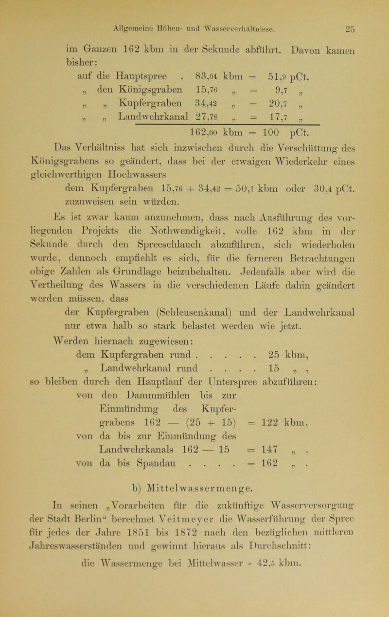 im Ganzen 162 kbm in der Sekunde abführt. Davon kamen bisher: auf die Hauptspree 83,04 kbm = 51,9 pCt. „ den Königsgraben 15,76 „ 9,7 „ „ Kupfer grab en 34,42 „ = 20,7 >7 „ „ Landwehrkanal OO t'- l— OA = 17,7 162,00 kbm = 100 pCt. Das Verhältniss hat sich inzwischen durch die Verschüttung des Königsgrabens so geändert, dass bei der etwaigen Wiederkehr eines gleichwertigen Hochwassers dem Kupfergraben 15,76 + 34,42 = 50,1 kbm oder 30,4 pCt. zuzuweisen sein würden. Es ist zwar kaimi anzunehmen, dass nach Ausführung des vor- liegenden Projekts die Notwendigkeit, volle 162 kbm in der Sekunde durch den Spreeschlauch abzutühren, sich wiederholen werde, dennoch empfiehlt es sich, für die ferneren Betrachtungen obige Zahlen als Grundlage beizubehalten. Jedenfalls aber wird die Verteilung des Wassers in die verschiedenen Läufe dahin geändert werden müssen, dass der Kupfergraben (Schleusenkanal) und der Landwehrkanal nur etwa halb so stark belastet werden wie jetzt. Werden hiernach zugewiesen: dem Kupfergraben rund 25 kbm, „ Landwehrkanal rund . . . . 15 „ , so bleiben durch den Hauptlauf der Unterspree abzuführen: von den Dammmühlen bis zur Einmündung des Kupfer- grabens 162 — (25 + 15) = 122 kbm, von da bis zur Einmündung des Landwehrkanals 162 — 15 = 147 „ , von da bis Spandau . . . . =162 „ . b) Mittel wasser menge. In seinen „Vorarbeiten für die zukünftige Wasserversorgung der Stadt Berlin“ berechnet Veitmeyer die Wasserführung der Spree für jedes der Jahre 1851 bis 1872 nach den bezüglichen mittleren Jahreswasserständen und gewinnt hieraus als Durchschnitt: die Wassermenge bei Mittelwasser =• 42,5 kbm.