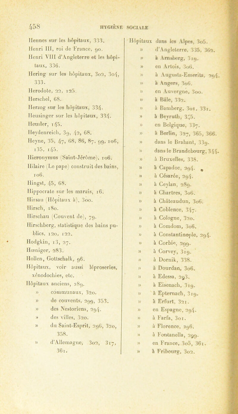 llennes sur les hôpitaux, 333. Henri IH, roi de France, 90. Henri VIH d’Angleterre et les hôpi- taux, 336. llering sur les hôpitaux, 3o2, 3o'i, 333. Hérodote, 22, i2.3. Ilerschel, 68. Herzog sur les hôpitaux, 334- Heusinger sur les hôpitaux, 334• Ileusler, i4.3. Ileydenreich, 3p, !\1, 68. Heyne, 35, 4) 86, 87, 99, 106, i35, 145. Hieronymus (Saint-Jérôme), 106. Hilaire ( Le pape) construit des bains, 106. Hingst, 45, 68. Hippocrate sur les marais, 16. Hirsau (Hôpitaux à), 3oo. Hirsch, 180. Hirschau (Couvent de), 7g. Hirschberg, statistique des bains pu- blics, i2o, X22. Hodgkin, i3, 27. Hoeniger, 283. Hollen, Gottschalk, 96. Hôpitaux, voir aussi léproseries, xénodochies, etc. Hôpitaux anciens, a8(). » communaux, 32o. » de couvents, 299, 353. » des Nestoriens, 294. » des villes, 320. » du Saint-Esprit, 296, 32o, 358. » d’.Vllemagno, 3o2, 817, 361. Hôpitaux dans les Alpes, 3o5. » d’.\ngleterre, 335, 362. n à Amslierg, 319. » en Artois, 3o6. » à .\ugusta-Emerita, 2g4 » à .\ngers, 3o6. » en .Vuvergne, 3oo. » à liâle, 33r>. » à Bamberg, 3oi, 331. » à Beyrulh, 345. » en Belgique, 337. » à Berlin, 327, 365, 366. » dans le Brabant, 33g. » dans le Brandebourg, 3 54 » à Bruxelles, 338. » à Capdoc, 2g4- , » à Césarée, 295. » a Ceylan, 289. » à Chartres, 3o6. » à Chàteaudun, 3o6. » à Coblence, 347- » à Cologne, 320. » à Comdom, 3o6. » à Constantino[ile, 2g4- » à Corbie, 299. » à Corvey, 319. » à Dornik, 338. » à Dourdan, 3o6. » à Edessa, 2g 3. » à Eisenach, 319. » à Eptemach, 319. » à Erfurt, 321. » en Espagne, 294. » à Farfa, 3oi. » à Florence, 296. » à Fontanella, 299. » en France, 3o5, 361. » à Fribourg, 3o2.