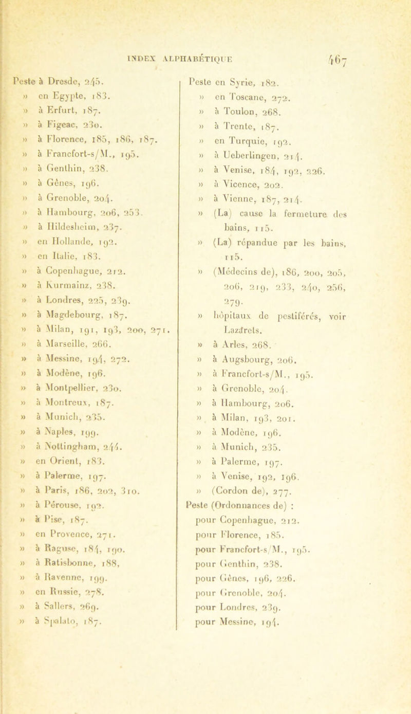 INriEX Vr.PnABKTIQllK Peste à Dresde, 2.^0. » en Egypte, i83. » à Erfurt, 1S7. » à Figcac, 23o. » à Florence, iSâ, i8(î, r87> » à Francfort-s/M., Kp. )) à Genlliin, 238. » à Gènes, ipti. » à Grenoble, 2o4- » à Hambourg, 206, 253. » à Ilildesbcim, 237. » en Hollande, kj2. » on Italie, iS3. » à Copcnliague, 2r2. » à Ivurmainz, 238. » à Londres, 225, 23g. » à Magdebourg, 1S7. » à -Milan, igi, ig3, 2oo, 27 r. » à Marseille, 266. » à Messine, i<).4, 272. » à Modène, ig6. » à -Montpellier, 23o. » à -Montreux, 187. » à Munich, 235. » à Naples, igg. » à Nottingbam, » en Orient, i83. » à Palerme, 1 g7. » à Paris, 186, 2o2, 310. » à Pérouse, ig2. » à Pise, 187. » en Provence, 271. » h Raguse, i8'i, igo. » à Ratislwnne, 188, » à Mayenne, tgg. » en Russie, 278. » à Sallers, 2fig. » 5 Spalato, 187. 't»)7 Peste en Syrie, 182. » en Toscane, 272. » h Toulon, 268. » à Trente, 187. » en Turquie, ig2. » à Ueberlingen, 21 L » à Venise, 18.4, ig2, 226. » à Vicence, 202. » à Vienne, 187, 21 <j. » (La) cause la fermeture des bains, 115. » (La) répandue par les bains, r i5. » (Médecins de), i8(i, 2oo, 2o5, 2o(), 21 g, 233, 2-4o, 258, ^79 • » liùpitau.v de pestiférés, voir I.aziircts. » à Arles, 268. » à .Augsbourg, 206. » à Francfort-s/M., ig5. » à Grenoble, 20-). » à Hambourg, 206. » à Milan, ig3, 2oi. » à Modène, ig6. » à -Municli, 235. » à Païenne, ig7. » à Venise, ig2, IgG. » (Cordon de), 277. Peste (Ordonnances de) : pour Copenhague, 212. pour Florence, i85. pour Francfort-s 'M., ig5. pour Genthin, 238. pour Gènes, igG, 226. pour Grenoble, 2o/j. pour Londres, 23g. pour Messine, ig).