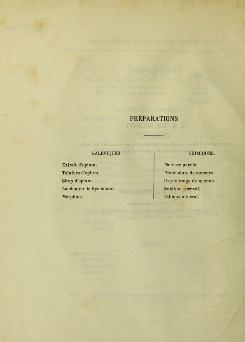 PRÉPARATIONS GALÉNIQUES. Extrait d’opium. Teinture d’opium. Sirop d’opium. Laudanum de Sydenham. Morphine. CHIMIQUES. Mercure purifié. Protoiodure de mercure. Oxyde rouge de mercure. Sublime corrosif. Ethiops minéral.