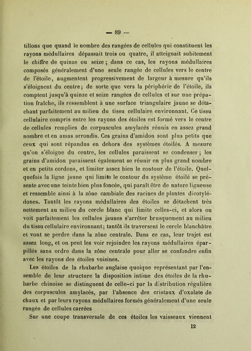 tillons que quand le nombre des rangées de cellules qui constituent les rayons médullaires dépassait trois ou quatre, il atteignait subitement le chiffre de quinze ou seize ; dans ce cas, les rayons médullaires composés généralement d’une seule rangée de cellules vers le centre de l’étoile, augmentent progressivement de largeur à mesure qu’ils s’éloignent du centre; de sorte que vers la périphérie de l’étoile, ils comptent jusqu’à quinze et seize rangées de cellules et sur une prépa- tion fraîche, ils ressemblent à une surface triangulaire jaune se déta- chant parfaitement au milieu du tissu cellulaire environnant. Ce tissu cellulaire compris entre les rayons des étoiles est formé vers le centre de cellules remplies de corpuscules amylacés réunis en assez grand nombre et en amas arrondis. Ces grains d’amidon sont plus petits que ceux qui sont répandus en dehors des systèmes étoilés. A mesure qu’on s’éloigne du centre, les cellules paraissent se condenser ; les grains d’amidon paraissent également se réunir en plus grand nombre et en petits cordons, et limiter assez bien le contour de l’étoile. Quel- quefois la ligne jaune qui limite le contour du système étoilé se pré- sente avec une teinte bien plus foncée, qui paraît être de nature ligueuse et ressemble ainsi à la zone cambiale des racines de plantes dicotylé- dones. Tantôt les rayons médullaires des étoiles se détachent très nettement au milieu du cercle blanc qui limite celles-ci, et alors on voit parfaitement les cellules jaunes s’arrêter brusquement au milieu du tissu cellulaire environnant; tantôt ils traversent le cercle blanchâtre et vont se perdre dans la zône centrale. Dans ce cas, leur trajet est assez long, et on peut les voir rejoindre les rayons médullaires épar- pillés sans ordre dans la zône centrale pour aller se confondre enfin avec les rayons des étoiles voisines. Les étoiles de la rhubarbe anglaise quoique représentant par l’en- semble de leur structure la disposition intime des étoiles de la rhu- barbe chinoise se distinguent de celle-ci par la distribution régulière des corpuscules amylacés, par l’absence des cristaux d’oxalate de chaux et par leurs rayons médullaires formés généralement d’une seule rangée de cellules carrées Sur une coupe transversale de ces étoiles les vaisseaux viennent 12