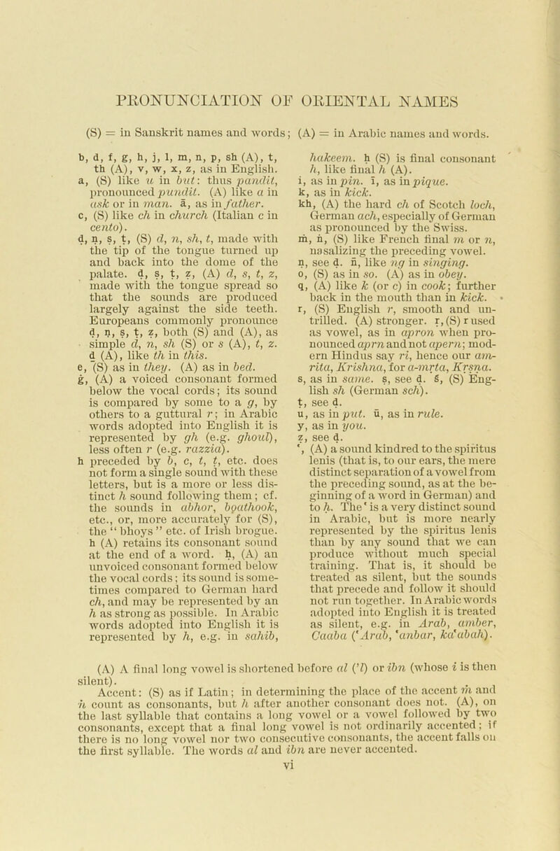 PRONUNCIATION OP ORIENTAL NAMES (S) - in Sanskrit names and words; (A) = in Arabic names and words. b, d, f, g, h, j, 1, m, n, p, sh (A), t, th (A), v, w, x, z, as in English. a, (S) like u in but: thus pandit, pronounced pundit. (A) like a in ask or in man. a, as in father. c, (S) like cli in church (Italian c in cento). d, n, s, t, (S) d, 71, sh, t, made with the tip of the tongue turned up and hack into the dome of the palate, d, s, t, z, (A) d, s, t, z, made with the tongue spread so that the sounds are produced largely against the side teeth. Europeans commonly pronounce d, n, s, t, z, both (S) and (A), as simple d, n, sh (S) or s (A), t, z. d (A), like th in this. e, (S) as in they. (A) as in bed. g, (A) a voiced consonant formed below the vocal cords; its sound is compared by some to a g, by others to a guttural r; in Arabic words adopted into English it is represented by gh (e.g. ghoul), less often r (e.g. razziai). h preceded by b, c, t, t, etc. does not form a single sound with these letters, but is a more or less dis- tinct h sound following them; cf. the sounds in abhor, boathook, etc., or, more accurately for (S), the “ bhoys ” etc. of Irish brogue, h (A) retains its consonant sound at the end of a word, h, (A) an unvoiced consonant formed below the vocal cords; its sound is some- times compared to German hard ch, and may be represented by an li as strong as possible. In Arabic words adopted into English it is represented by h, e.g. in sahib, hakeem, h (S) is final consonant li, like final h (A). i, as in pin. I, as in pique. k, as in kick. kh, (A) the hard ch of Scotch loch, German acli, especially of German as pronounced by the Swiss. m, n, (S) like French final m or n, nasalizing the preceding vowel. n, see d. n, like ng in singing. o, (S) as in so. (A) as in obey. q, (A) like k (or c) in cook; further back in the mouth than in kick. • r, (S) English r, smooth and un- trilled. (A) stronger. r,(S)rused as vowel, as in apron when pro- nounced aprn and not apern\ mod- ern Hindus say ri, hence our am- rita, Krishna, for a-mrta, Krsna. s, as in same, s, see d. S, (S) Eng- lish sh (German sell). t, see d. u, as in put. u, as in rule. y, as in you. z, see d. (A) a sound kindred to the spiritus lenis (that is, to our ears, the mere distinct separation of a vowel from the preceding sound, as at the be- ginning of a word in German) and to h. The * is a very distinct sound in Arabic, but is more nearly represented by the spiritus lenis than by any sound that we can produce without much special training. That is, it should be treated! as silent, but the sounds that precede and follow it should not run together. In Arabic words adopted into English it is treated as silent, e.g. in Arab, amber, Caaba ('Arab, ‘anbar, ka'abah). (A) A final long vowel is shortened before al (7) or ibn (whose i is then silent). Accent: (S) as if Latin; in determining the place of the accent m and u count as consonants, but h after another consonant does not. (A), on the last syllable that contains a long vowel or a vowel followed by two consonants, except that a final long vowel is not ordinarily accented; if there is no long vowel nor two consecutive consonants, the accent falls on the first syllable. The words al and ibn are never accented.