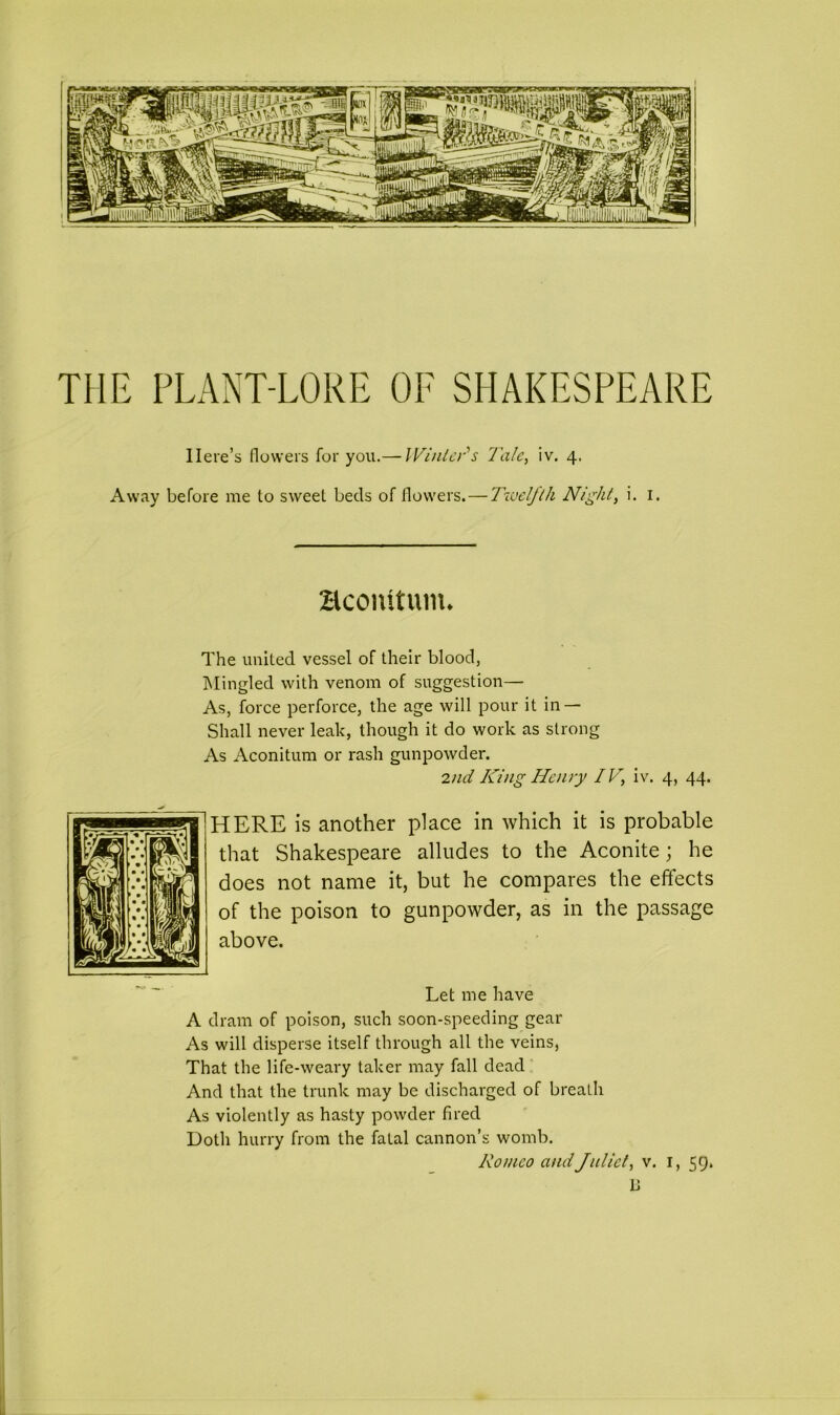 THE PLANT-LORE OF SHAKESPEARE Here’s flowers for you.— Winter's Tale, iv. 4. Away before me to sweet beds of Ilowers. — Twelfth Night, i. 1. aconitum. The united vessel of their blood, Mingled with venom of suggestion— As, force perforce, the age will pour it in — Shall never leak, though it do work as strong As Aconitum or rash gunpowder. 2nd King Henry IV, iv. 4, 44. HERE is another place in which it is probable that Shakespeare alludes to the Aconite; he does not name it, but he compares the effects of the poison to gunpowder, as in the passage above. Let me have A dram of poison, such soon-speeding gear As will disperse itself through all the veins, That the life-weary taker may fall dead And that the trunk may be discharged of breath As violently as hasty powder fired Doth hurry from the fatal cannon’s womb. Romeo and Juliet, v. 1, 59. B