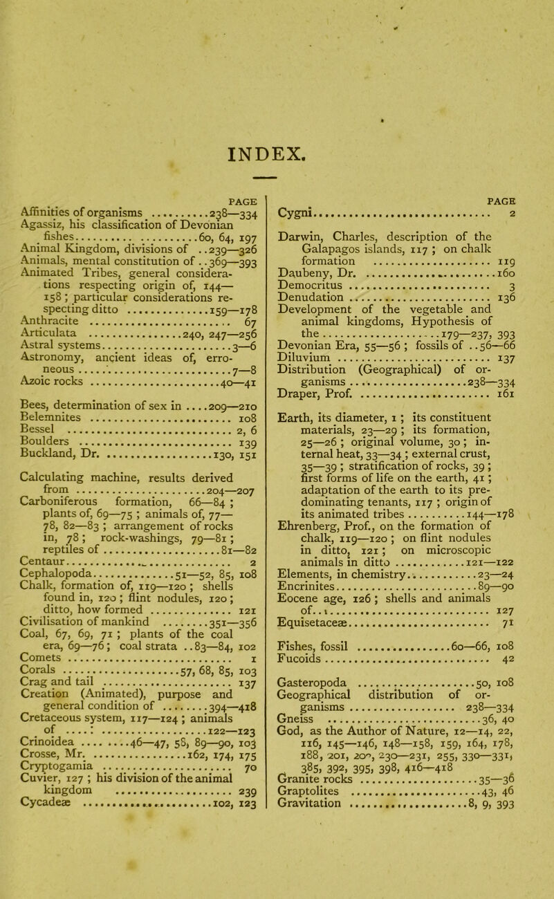 INDEX PAGE Affinities of organisms 258—334 Agassiz, his classification of Devonian fishes. 60, 64, 197 Animal Kingdom, divisions of .. 239—326 Animals, mental constitution of .. 369—393 Animated Tribes, general considera- tions respecting origin of, 144— 158 ; particular considerations re- specting ditto 159—178 Anthracite 67 Articulata 240, 247—256 Astral systems 3-^ Astronomy, ancient ideas of, erro- neous ■ 7—8 Azoic rocks 40—41 Bees, determination of sex in 209—210 Belemnites 108 Bessel 2, 6 Boulders 139 Buckland, Dr. 130, 151 Calculating machine, results derived from 204—207 Carboniferous formation, 66—84 ; plants of, 69—75 ; animals of, 77— 78, 82—83 ; arrangement of rocks in, 78 ; rock-washings, 79—81; reptiles of 81—82 Centaur 2 Cephalopoda.. 51—52, 85, 108 Chalk, formation of, 119—120 ; shells found in, 120; flint nodules, 120; ditto, how formed 121 Civilisation of mankind 351—356 Coal, 67, 69, 71 ; plants of the coal era, 69—76; coal strata .. 83—84, 102 Comets I Corals 57j 68, 85, 103 Crag and tail 137 Creation (Animated), purpose and general condition of 394—418 Cretaceous system, 117—124; animals of . . .. : 122—123 Crinoidea 46—47, 58, 89—90, 103 Crosse, Mr. 162, 174, 175 Cryptogamia 70 Cuvier, 127 ; his division of the animal kingdom 239 Cycadeae 102, 123 PAGE Cygni 2 Darwin, Charles, description of the Galapagos islands, 117 ; on chalk formation 119 Daubeny, Dr 160 Democritus 3 Denudation 136 Development of the vegetable and animal kingdoms. Hypothesis of the .179—237, 393 Devonian Era, 55—56 ; fossils of . .56—66 Diluvium 137 Distribution (Geographical) of or- ganisms 238—334 Draper, Prof. 161 Earth, its diameter, i ; its constituent materials, 23—29 ; its formation, 25—26 ; original volume, 30 ; in- ternal heat, 33—34 ; external crust, 35—39 ; stratification of rocks, 39 ; first forms of life on the earth, 41; adaptation of the earth to its pre- dominating tenants, 117 ; origin of its animated tribes 144—178 Ehrenberg, Prof., on the formation of chalk, 119—120 ; on flint nodules in ditto, 121; on microscopic animals in ditto 121—122 Elements, in chemistry.. 23—24 Encrinites 89—90 Eocene age, 126 ; shells and animals of.. 1 127 Equisetaceae 71 Fishes, fossil 60—66, 108 Fucoids 42 Gasteropoda 50, 108 Geographical distribution of or- ganisms 238—334 Gneiss 36, 40 God, as the Author of Nature, 12—14, 22, 116, 145—146, 148—158, 159, 164, 178, 188, 201, 20'’, 230—231, 255, 330—331, . 38s, 392, 395, 398, 416—418 Granite rocks 35—30 Graptolites 43, 46 Gravitation 8, 9, 393