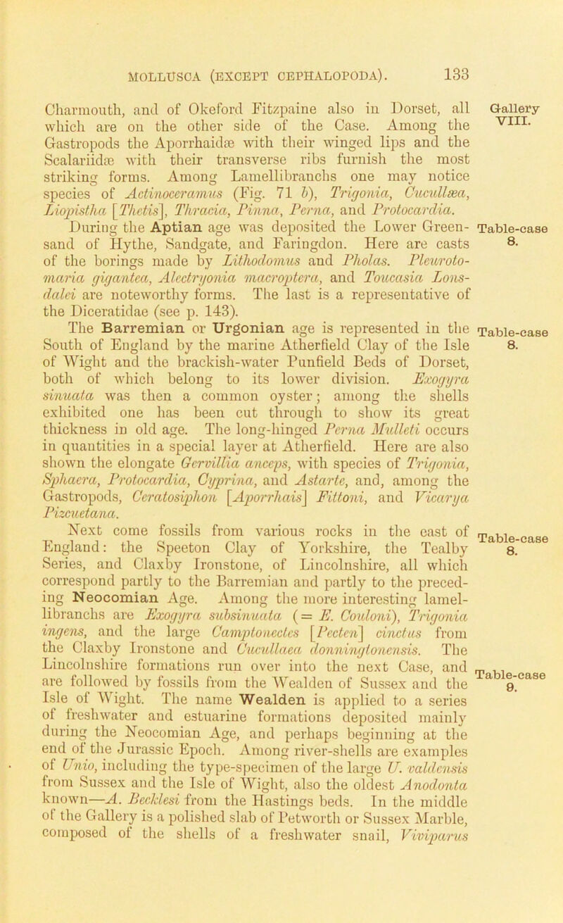 Charmouth, and of Okeford Fitzpaine also in Horset, all which are on the other side of the Case. Among the Gastropods the Aporrhaidte with their winged lips and the Scalariida3 with their transverse ribs furnisli the most striking forms. Among Lamellibranchs one may notice species of Actinoceraimis (Fig. 71 b), Trigonia, Cumllsea, Liopistha \^Tkctis\ Thracia, Pinna, Perna, and Protocardia. During the Aptian age was deposited the Lower Green- sand of Hythe, Sandgate, and Faringdon. Here are casts of the borings made by Lithodomus and Pholas. Plcuroto- maria gigantea, Alcctrgonia macrojitcra, and Toucasia Lons- dalci are noteworthy forms. The last is a representative of the Diceratidae (see p. 143). The Barremian or Urgonian age is represented in tlie South of England by the marine Atherfield Clay of the Isle of Wight and the brackish-water Punfield Beds of Dorset, both of which belong to its lower division. Exogyra sinuata was then a common oyster; among the sliells exhibited one has been cut througli to show its great thickness in old age. The long-hinged Perna Mullcti occurs in quantities in a special layer at Atherfield. Here are also shown the elongate Gervillia anceps, with species of Trigonia, Spliacra, Protocardia, Gyprina, and Astarte, and, among the Gastropods, Ccratosiphon \Aporrhais\ Fittoni, and Vican/a Pizcuetana. Next come fossils from various rocks in the east of England: the Speeton Clay of Yorkshire, tlie Tealby Series, and Claxby Ironstone, of Lincolnshire, all which correspond partly to the Barremian and partly to the preced- ing Neocomian Age. Among the more interesting lamel- libranchs are Exogyra subsinuata (= E. Couloni), Tngonia ingens, and the large Cainj)toneclcs \^l^ectai\ dnctus from the Claxby Ironstone and Cucullaea donningioncnsis. The Lincolnshire formations run over into the next Case, and are followed by fossils from the Wealden of Sussex and the Isle of Wight. The name Wealden is applied to a series of freshwater and estuarine formations depo.sited mainly during the Neocomian Age, and perhaps beginning at the end of the Jurassic Epoch. Among river-shells are examples of Unio, including the type-specimen of the lax'ge U. valdcnsis from Sussex and the Isle of Wight, also the oldest Anodonta known—A. Becklesi from the Hastings beds. In the middle ot the Gallery is a polished slab of Betworth or Sussex Marble, composed ot the shells of a freshwater snail, Vwiparus Gallery VIII. Table-case 8. Table-ease 8. Table-case 8. Table-case 9.