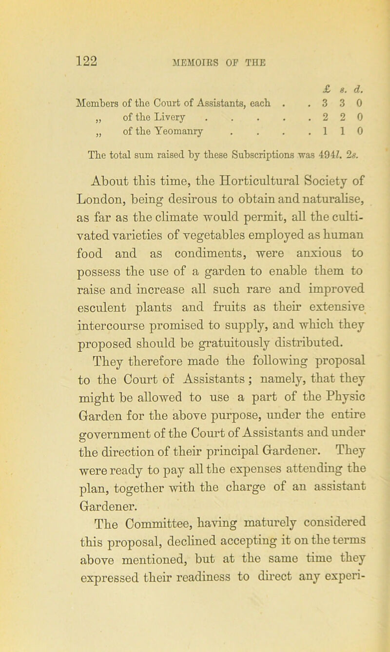 £ 8. d. Members of the Court of Assistants, each . .330 „ of the Livery 2 2 0 „ of the Yeomanry . . . .110 The total sum raised by these Subscriptions was 494Z. Is. About this time, the Horticultural Society of London, being desirous to obtain and naturalise, as far as tlie climate would permit, all the culti- vated varieties of vegetables employed as human food and as condiments, were anxious to possess the use of a garden to enable them to raise and increase all such rare and improved esculent plants and fruits as them extensive intercourse promised to supply, and which they proposed should be gratuitously distributed. They therefore made the following proposal to the Court of Assistants ; namely, that they might be allowed to use a part of the Physic Garden for the above purpose, under the entire government of the Court of Assistants and under the direction of their principal Gardener. They were ready to pay all the expenses attending the plan, together with the charge of an assistant Gardener. The Committee, having maturely considered this proposal, declined accepting it on the terms above mentioned, but at the same time they expressed their readiness to direct any experi-