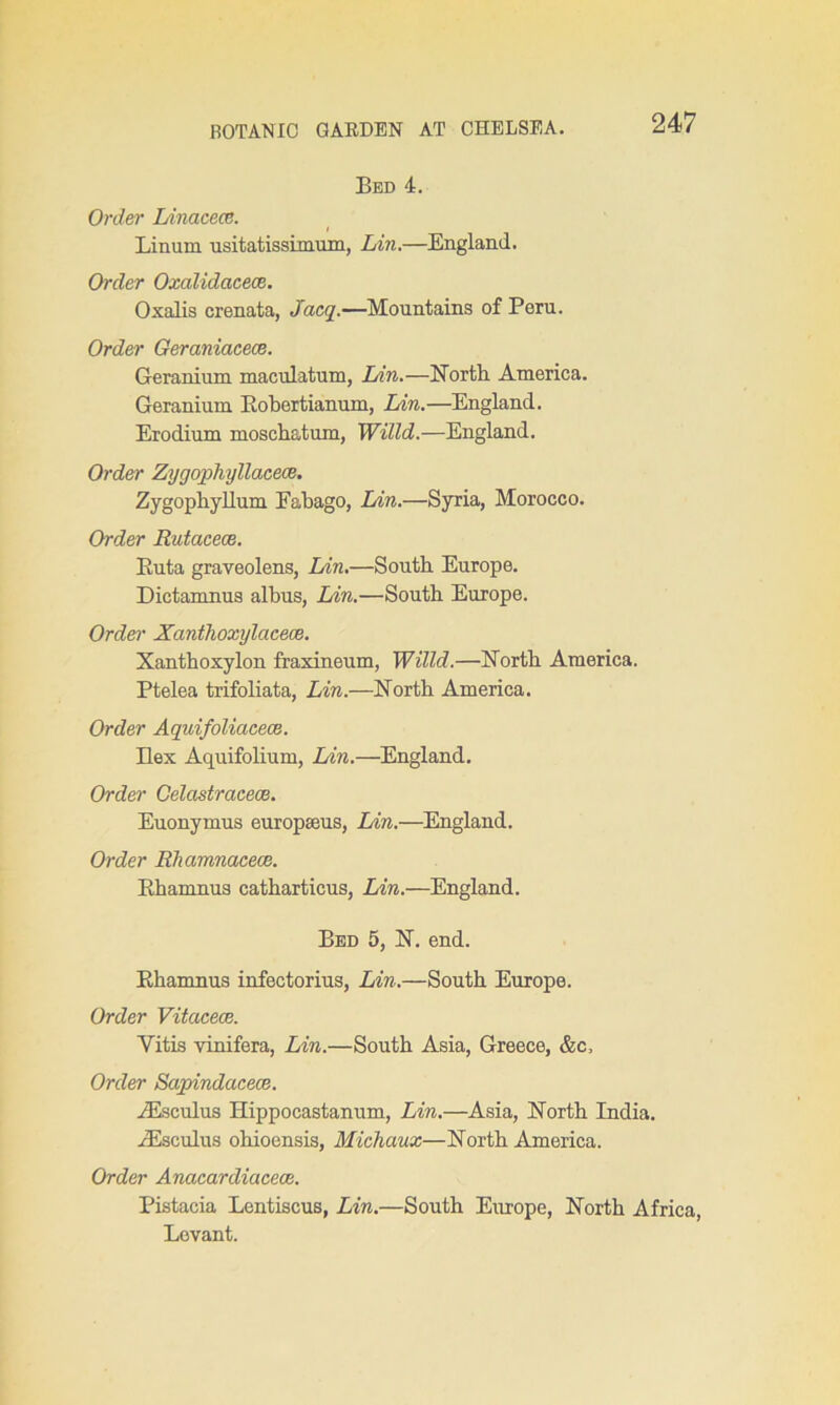 Bed 4. Order Linacece. Linum usitatissimum, Lin.—England. Order Oxalidacece. Oxalis crenata, Jacq.—Mountains of Peru. Order Geraniacece. Geranium maculatum, Lin.—North. America. Geranium Bobertianum, Lin.—England. Erodium moschatum, Willd.—England. Order Zygopliyllacece. Zygophyllum Eabago, Lin.—Syria, Morocco. Order Rutacece. Euta graveolens, Lin.—South Europe. Dictamnus alhus, Lin.—South Europe. Order Xanthoxylcicece. Xanthoxylon fraxineum, Willd.—North America. Ptelea trifoliata, Lin.—North America. Order Aquifoliacece. Hex Aquifolium, Lin.—England. Order Celcistracece. Euonymus europseus, Lin.—England. Order Rhamnacece. Rhamnus catharticus, Lin.—England. Bed 5, N. end. Rhamnus infectorius, Lin.—South Europe. Order Vitacece. Vitis vinifera, Lin.—South Asia, Greece, &c. Order Sapindacece. iEsculus Hippocastanum, Lin.—Asia, North India. yEsculus ohioensis, Michaux—North America. Order Anacardiacece. Pistacia Lentiscus, Lin.—South Europe, North Africa, Levant.