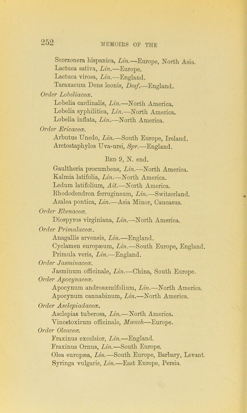 Scorzonera hispanica, Lin.—Europe, North Asia. Lactuca sativa, Lin.—Europe. Lactuca virosa, Lin.—England. Taraxacum Dens leonis, Desf.—England. Order Lobeliacece. Lobelia cardinalis, Lin.—North America. Lobelia syphilitica, Lin.—North America. Lobelia inflata, Lin.—North America. Order Ericacece. Arbutus Unedo, Lin.—South Europe, Ireland. Arctostaphylos Uva-ursi, Spr.—England. Bed 9, N. end. Gaultheria procumbens, Lin.—North America. Kalmia latifolia, Lin.—North America. Ledum latifolium, Ait.—North America. Rhododendron ferrugineum, Lin.—Switzerland. Azalea pontica, Lin.—Asia Minor, Caucasus. Order Ebenacece. Diospyros virginiana, Lin.—North America. Order Primulacece. Anagallis arvensis, Lin.—England. Cyclamen europasum, Lin.—South Europe, England. Primula veris, Lin.—England. Order Jasminacece. Jasminum officinale, Lin.—China, South Europe. Order Apocynacece. Apocynum androssemifolium, Lin.—North America. Apocynum cannabinum, Lin.—North America. Order Asclepiadacece. Asclepias tuberosa, Lin.—North America. Yincetoxicum officinale, Mcencli—Europe. Order Oleacece. Eraxinus excelsior, Lin.—England. Eraxinus Ornus, Lin.—South Europe. Olea europaea, Lin.—South Europe, Barbary, Levant. Syringa vulgaris, Lin.—East Europe, Persia.